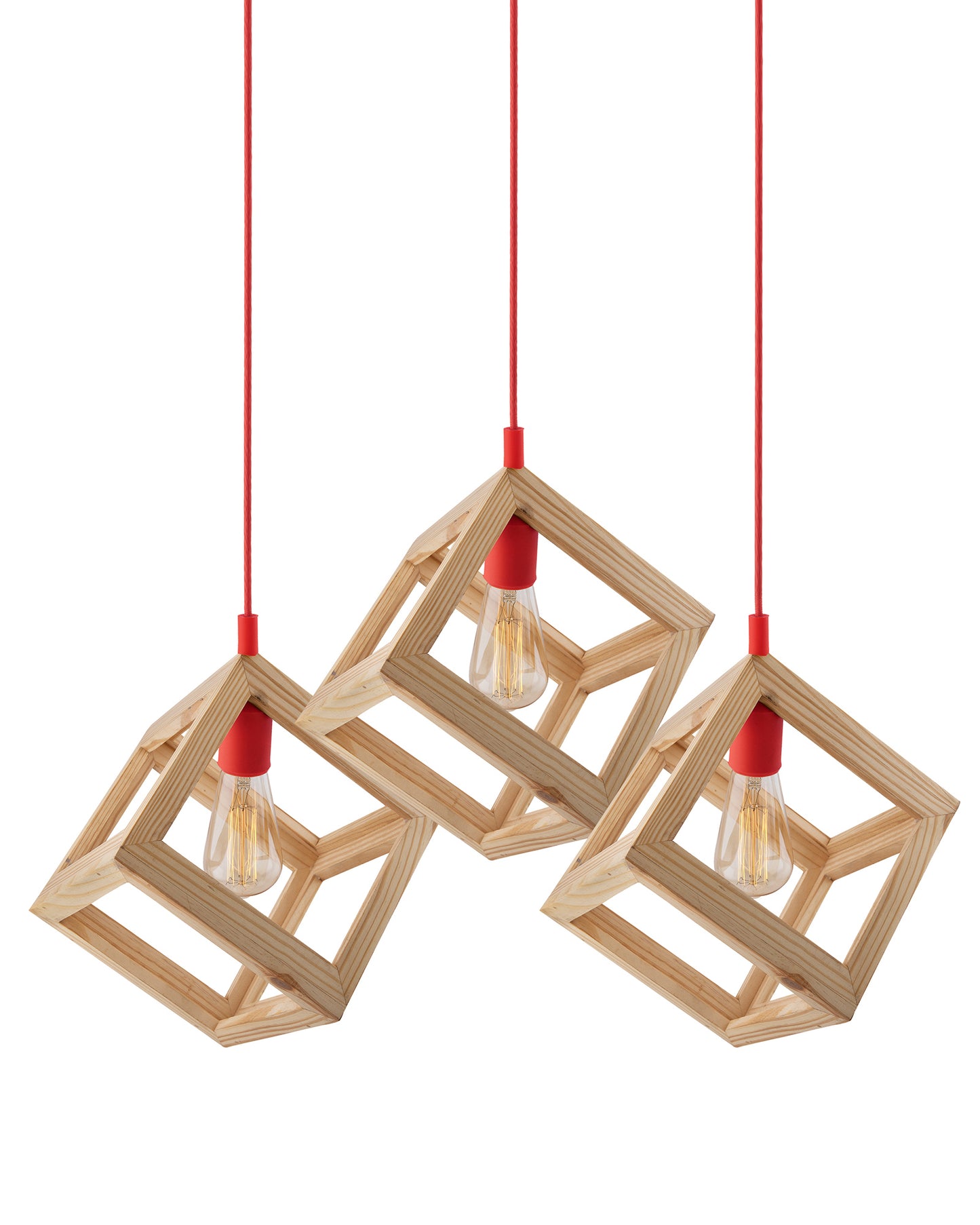 3-Lights Linear Cluster Chandelier Modern Nordic Wooden Pendant Cube Light with Silicone Holder Pendant Light, Kitchen Area ad Dining Room Light, LED/Filament Light