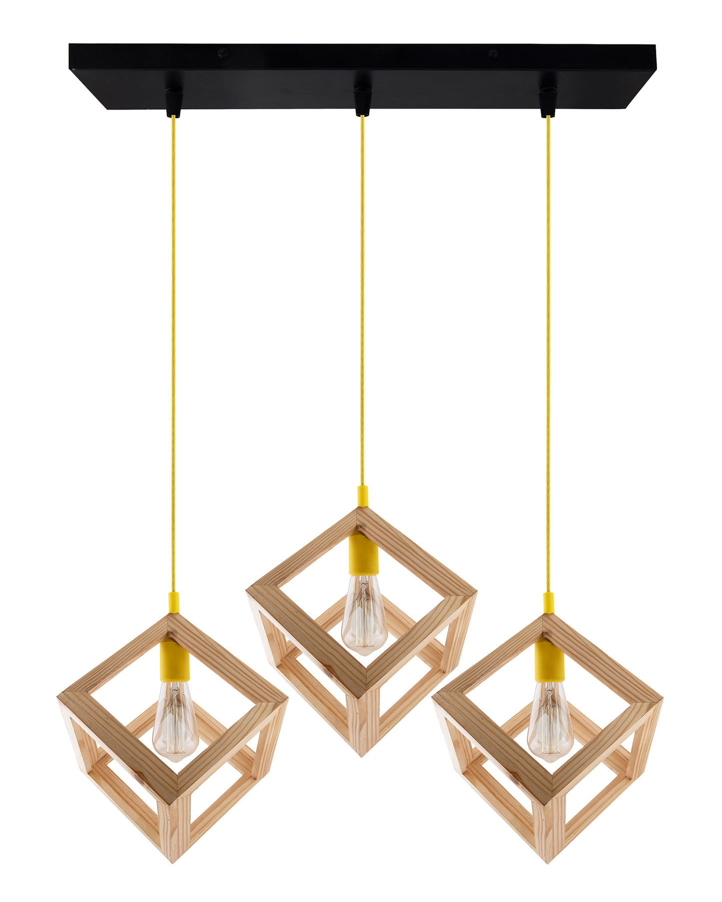3-Lights Linear Cluster Chandelier Modern Nordic Wooden Pendant Cube Light with Silicone Holder Pendant Light, Kitchen Area ad Dining Room Light, LED/Filament Light