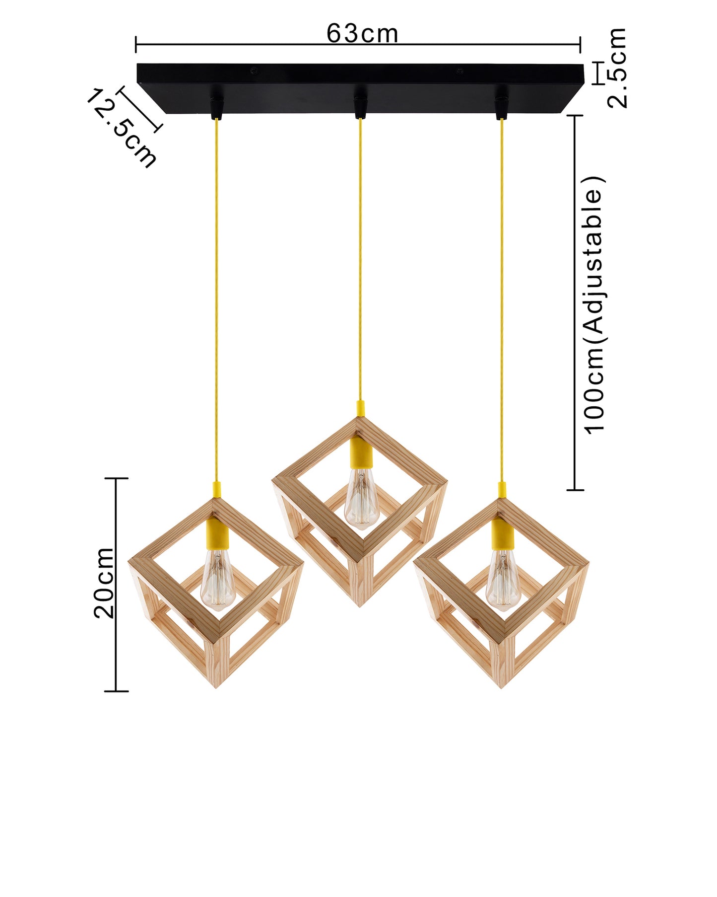 3-Lights Linear Cluster Chandelier Modern Nordic Wooden Pendant Cube Light with Silicone Holder Pendant Light, Kitchen Area ad Dining Room Light, LED/Filament Light