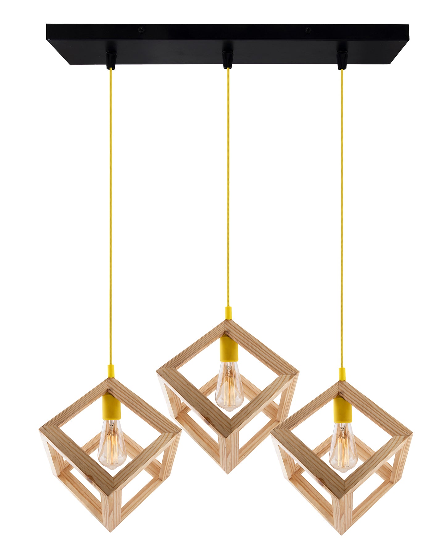 3-Lights Linear Cluster Chandelier Modern Nordic Wooden Pendant Cube Light with Silicone Holder Pendant Light, Kitchen Area ad Dining Room Light, LED/Filament Light