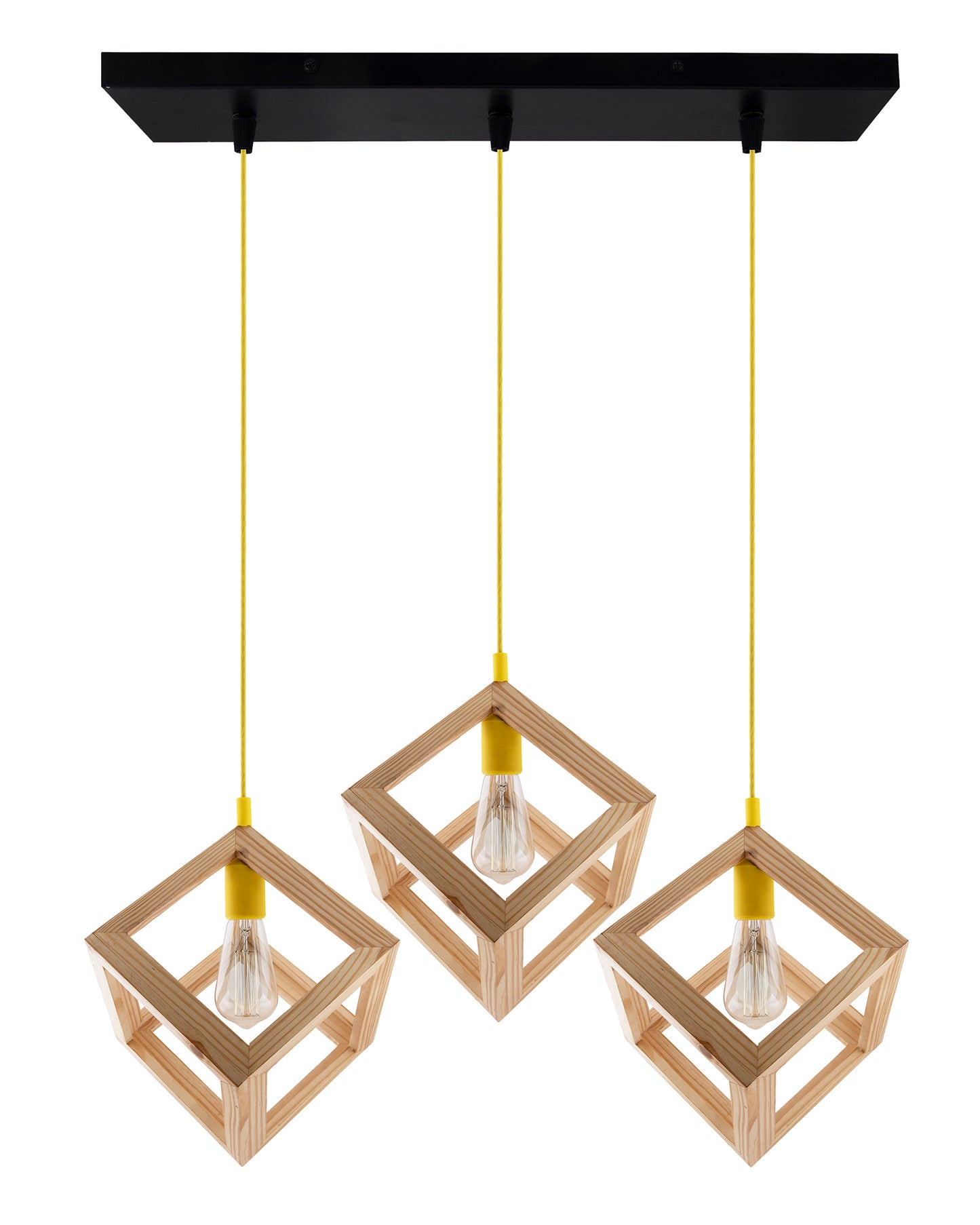3-Lights Linear Cluster Chandelier Modern Nordic Wooden Pendant Cube Light with Silicone Holder Pendant Light, Kitchen Area ad Dining Room Light, LED/Filament Light