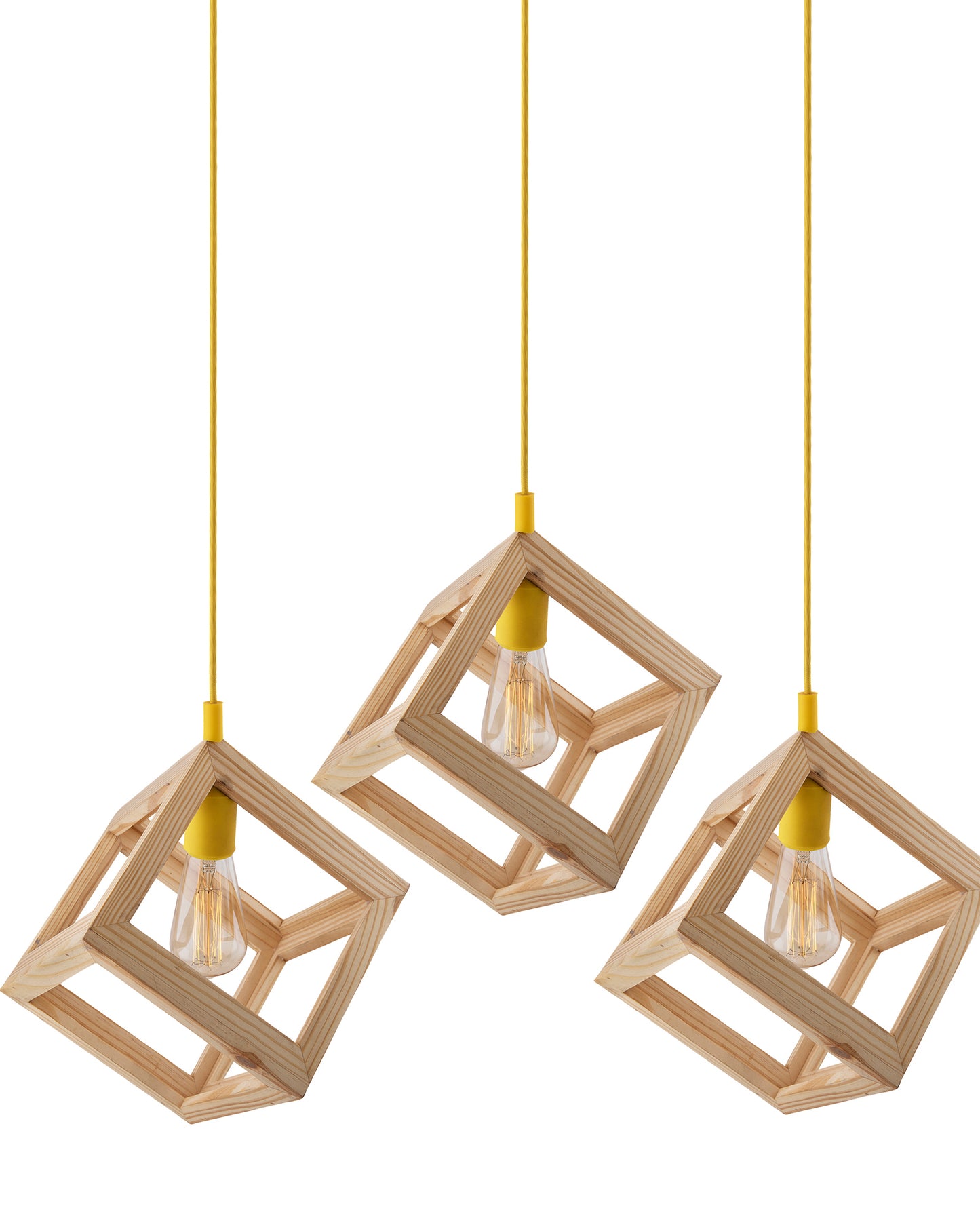 3-Lights Linear Cluster Chandelier Modern Nordic Wooden Pendant Cube Light with Silicone Holder Pendant Light, Kitchen Area ad Dining Room Light, LED/Filament Light