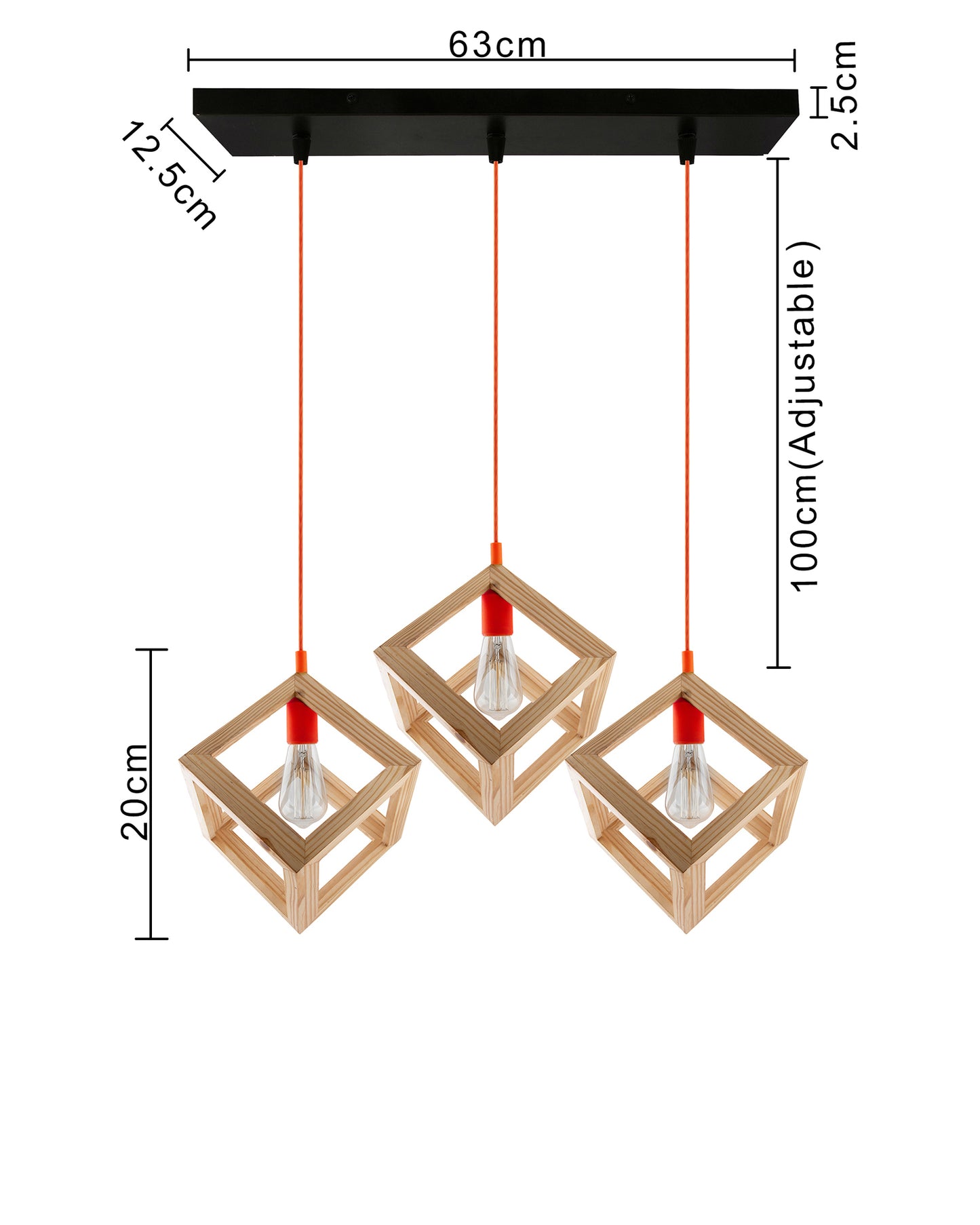 3-Lights Linear Cluster Chandelier Modern Nordic Wooden Pendant Cube Light with Silicone Holder Pendant Light, Kitchen Area ad Dining Room Light, LED/Filament Light