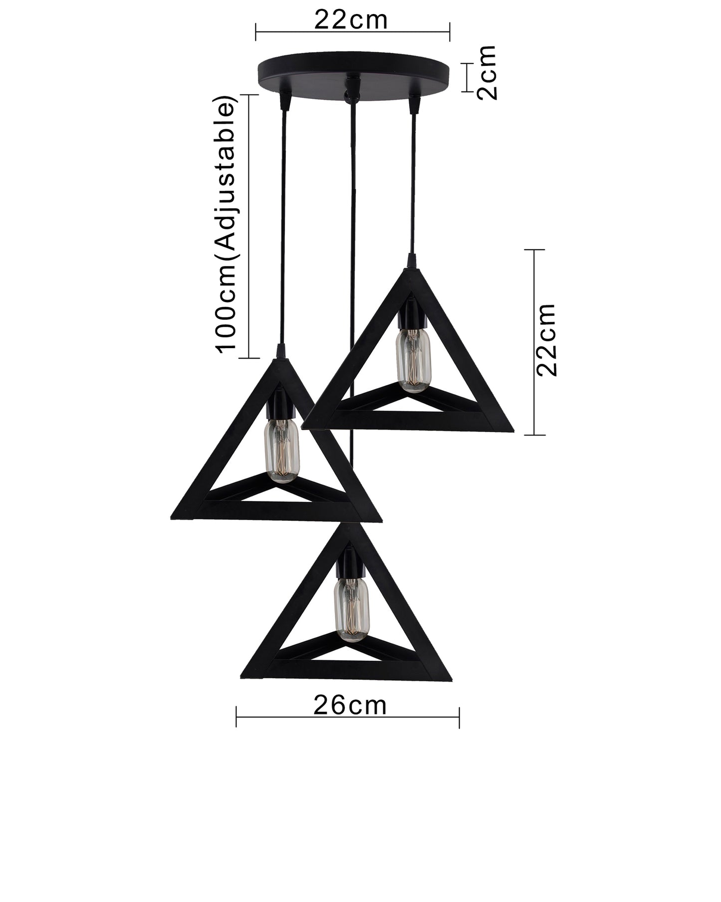 3-Lights Cluster Chandelier Triangle 6", E27 Holder, Decorative, Black, URBAN Retro, Nordic Style, LED/Filament Bulb