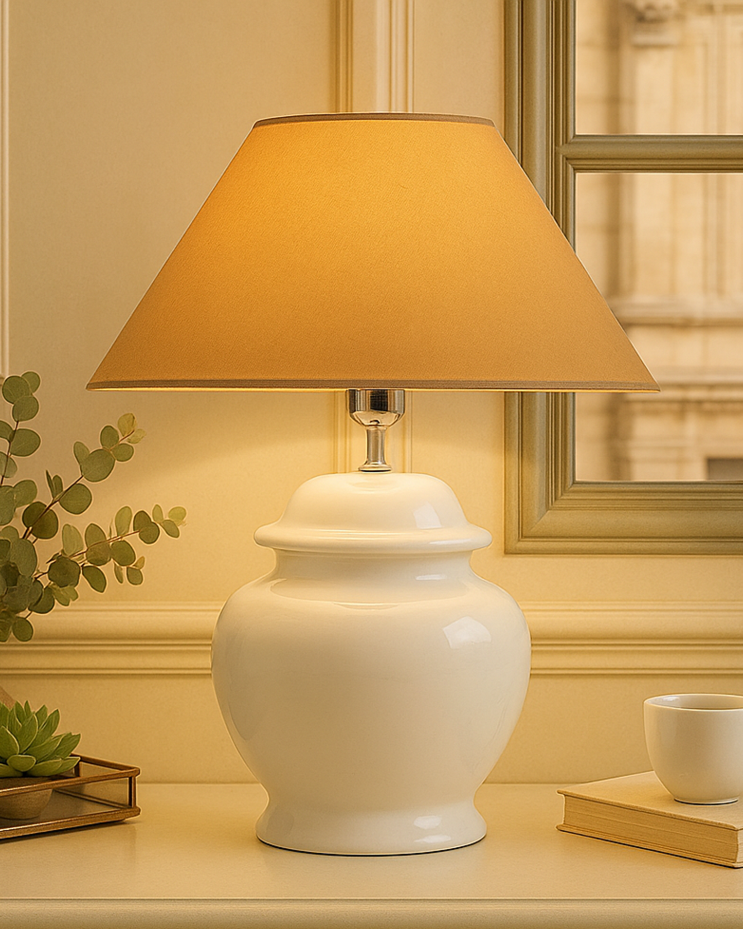 White Glossy Ceramic Pot Shaped Base Table Lamp with White Cone Shade E-27 Bulb