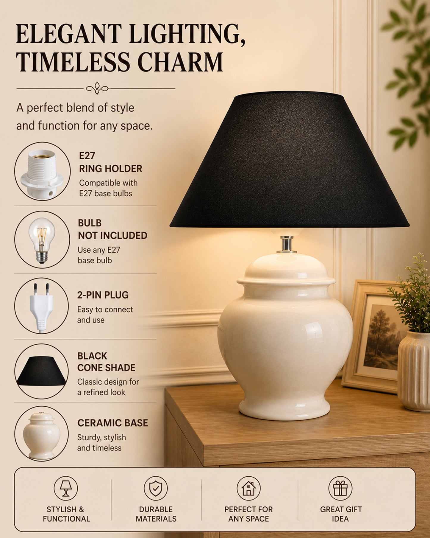 White Glossy Ceramic Pot Shaped Base Table Lamp with White Cone Shade E-27 Bulb