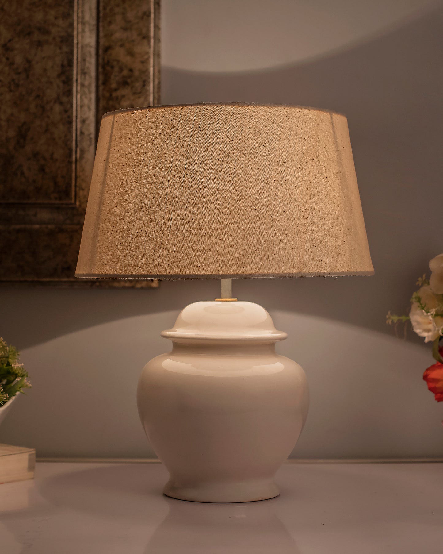 Ceramic Pot Shaped Base White Table Lamp with Drum Shade, LED Bulb