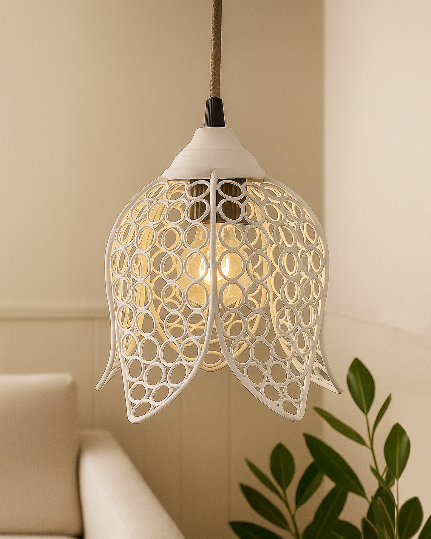Hanging White Steel lotus light, hanging light and fixture