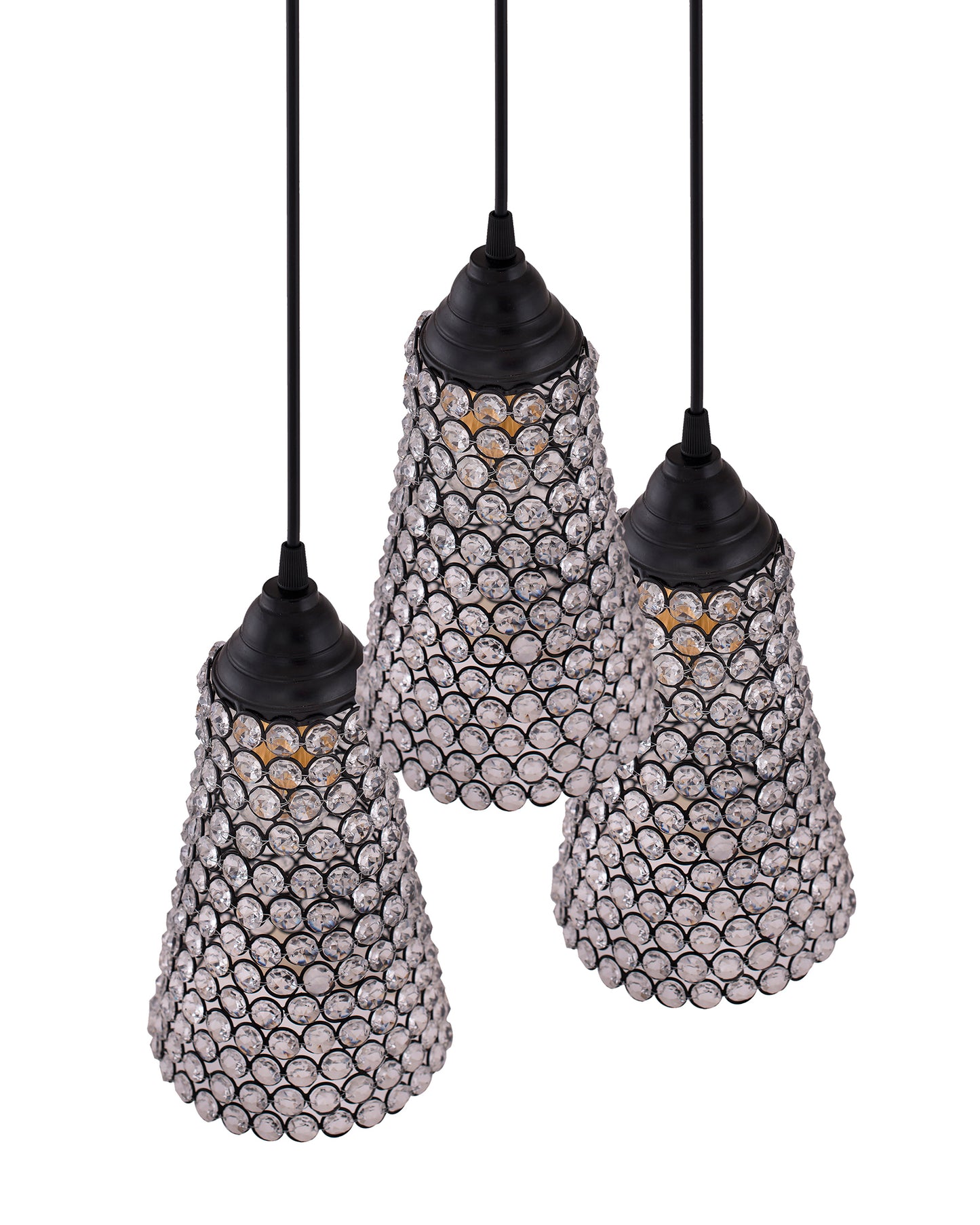 3-lights Linear Cluster Chandelier Crystal Cone Hanging Pendant Light with Braided Cord