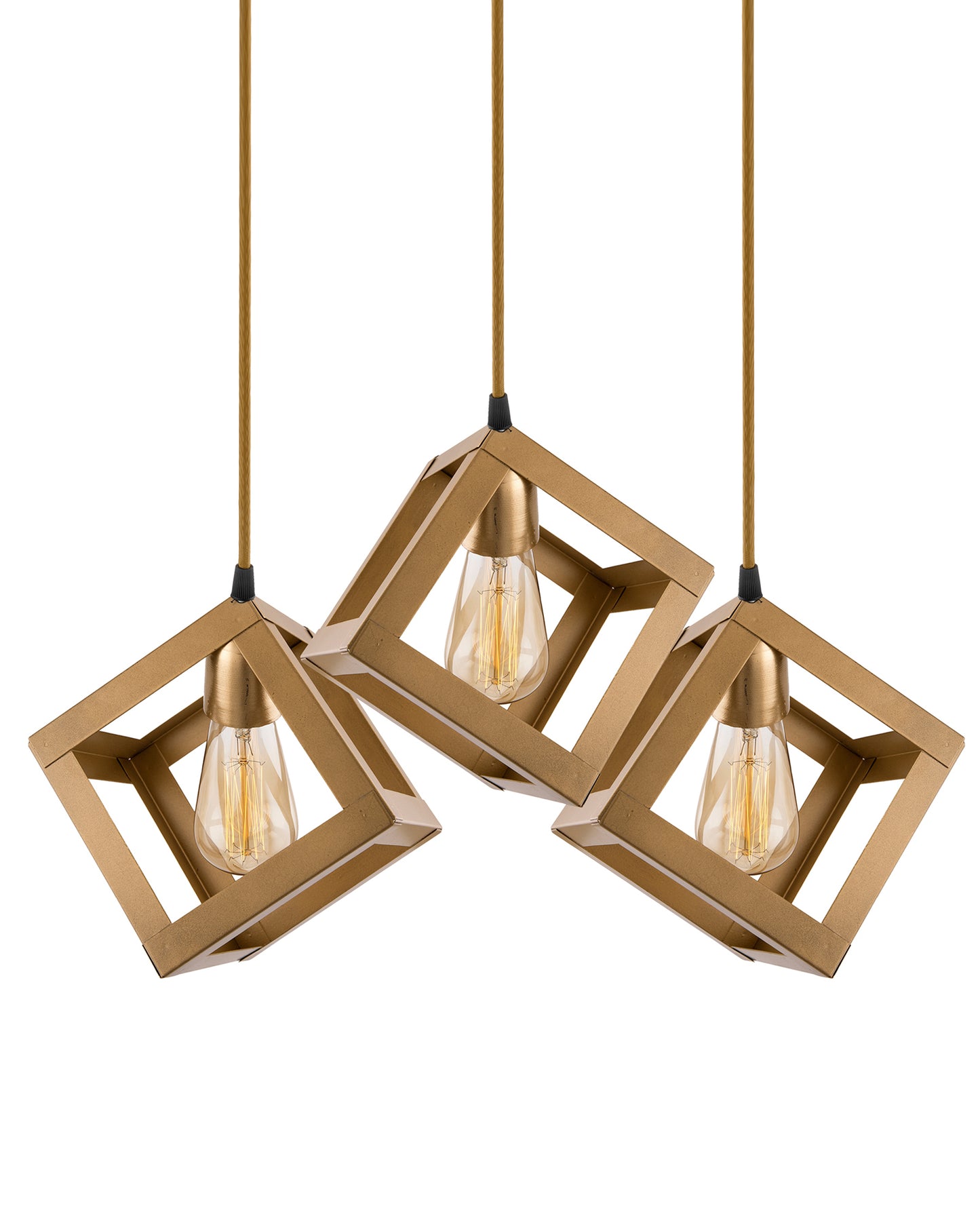 3-lights Linear Cluster Chandelier Golden Hanging Cube 6" Pendant Light, kitchen area and dining room light