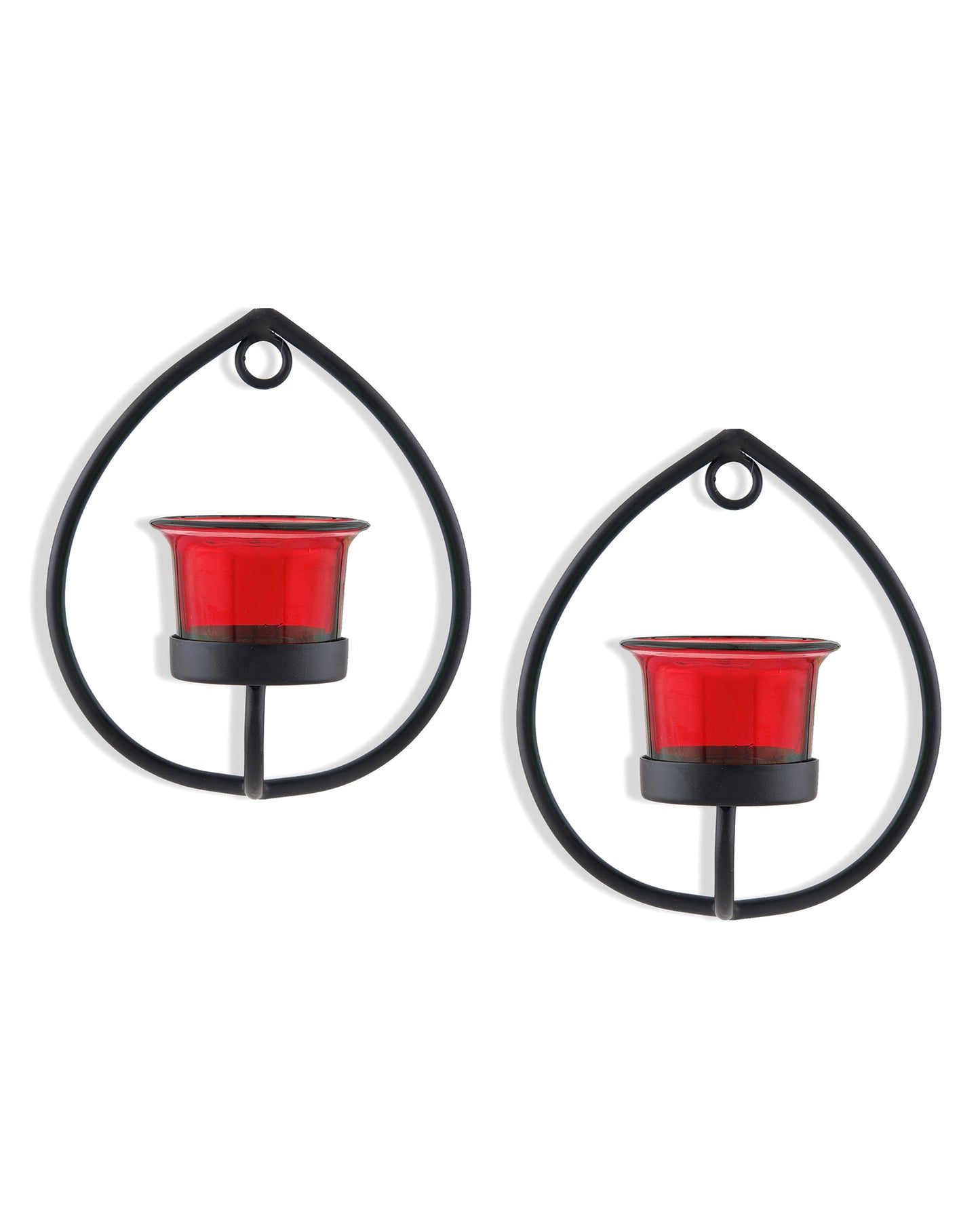 Set of 2 Decorative Black Drop Wall Sconce/Candle Holder With Glass and Free T-light Candles