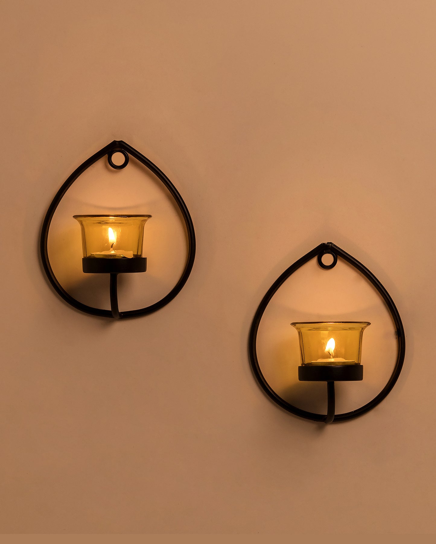 Set of 2 Decorative Black Drop Wall Sconce/Candle Holder With Glass and Free T-light Candles