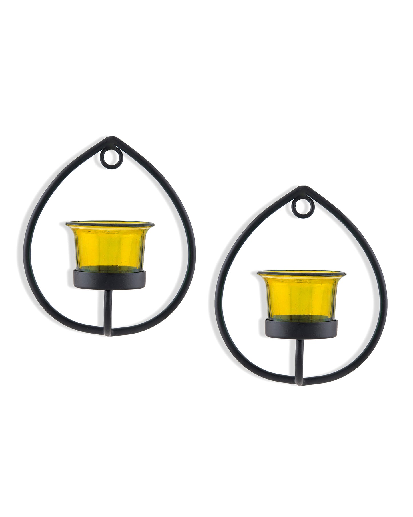 Set of 2 Decorative Black Drop Wall Sconce/Candle Holder With Glass and Free T-light Candles