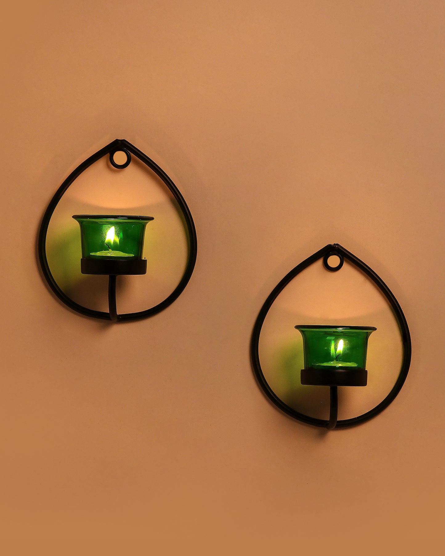 Set of 2 Decorative Black Drop Wall Sconce/Candle Holder With Glass and Free T-light Candles