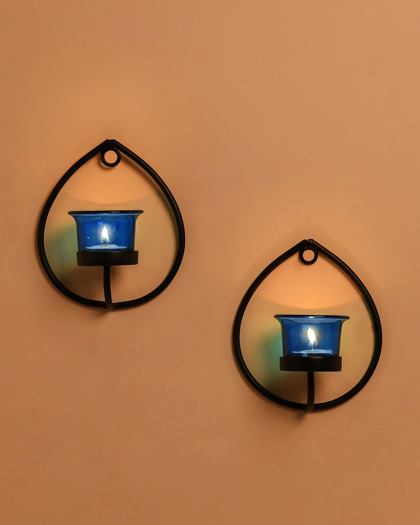 Set of 2 Decorative Black Drop Wall Sconce/Candle Holder With Glass and Free T-light Candles