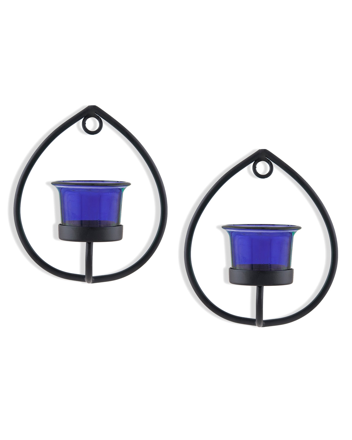 Set of 2 Decorative Black Drop Wall Sconce/Candle Holder With Glass and Free T-light Candles