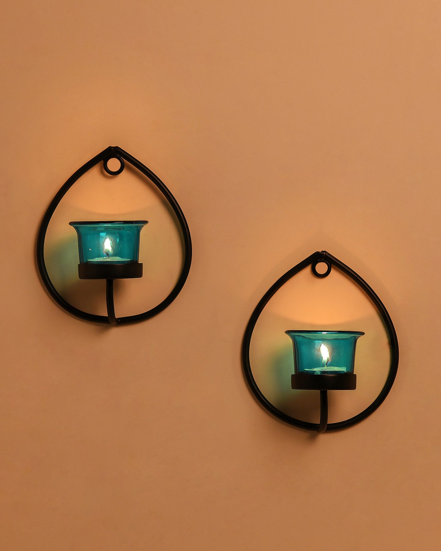 Set of 2 Decorative Black Drop Wall Sconce/Candle Holder With Glass and Free T-light Candles