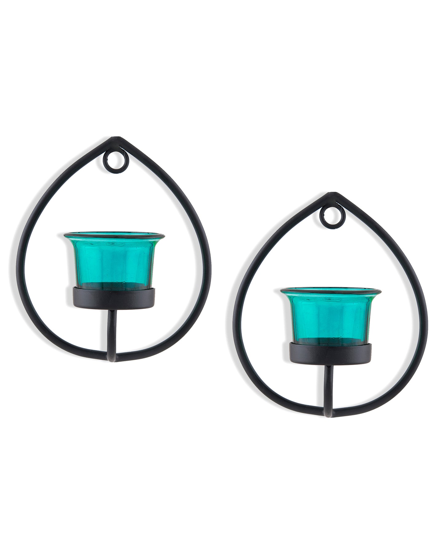 Set of 2 Decorative Black Drop Wall Sconce/Candle Holder With Glass and Free T-light Candles