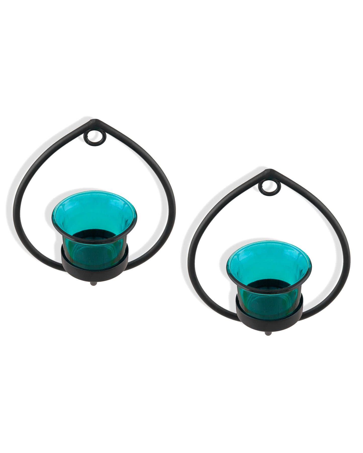 Set of 2 Decorative Black Drop Wall Sconce/Candle Holder With Glass and Free T-light Candles