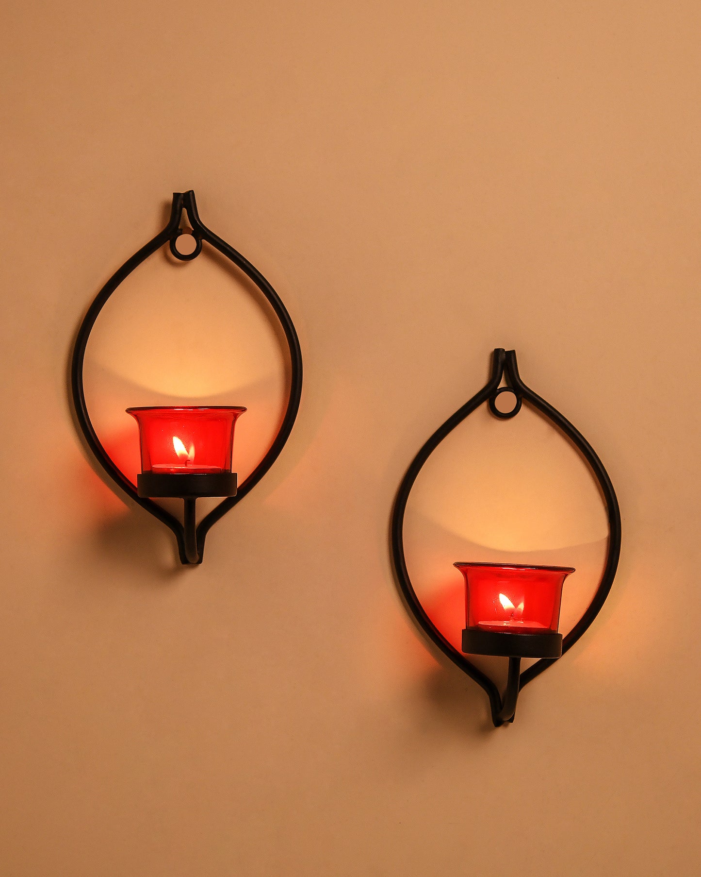 Set of 2 Decorative Black Drop Wall Sconce/Candle Holder With Glass and Free T-light Candles