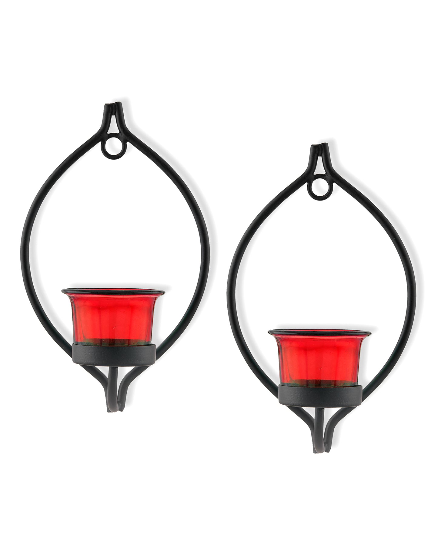 Set of 2 Decorative Black Drop Wall Sconce/Candle Holder With Glass and Free T-light Candles