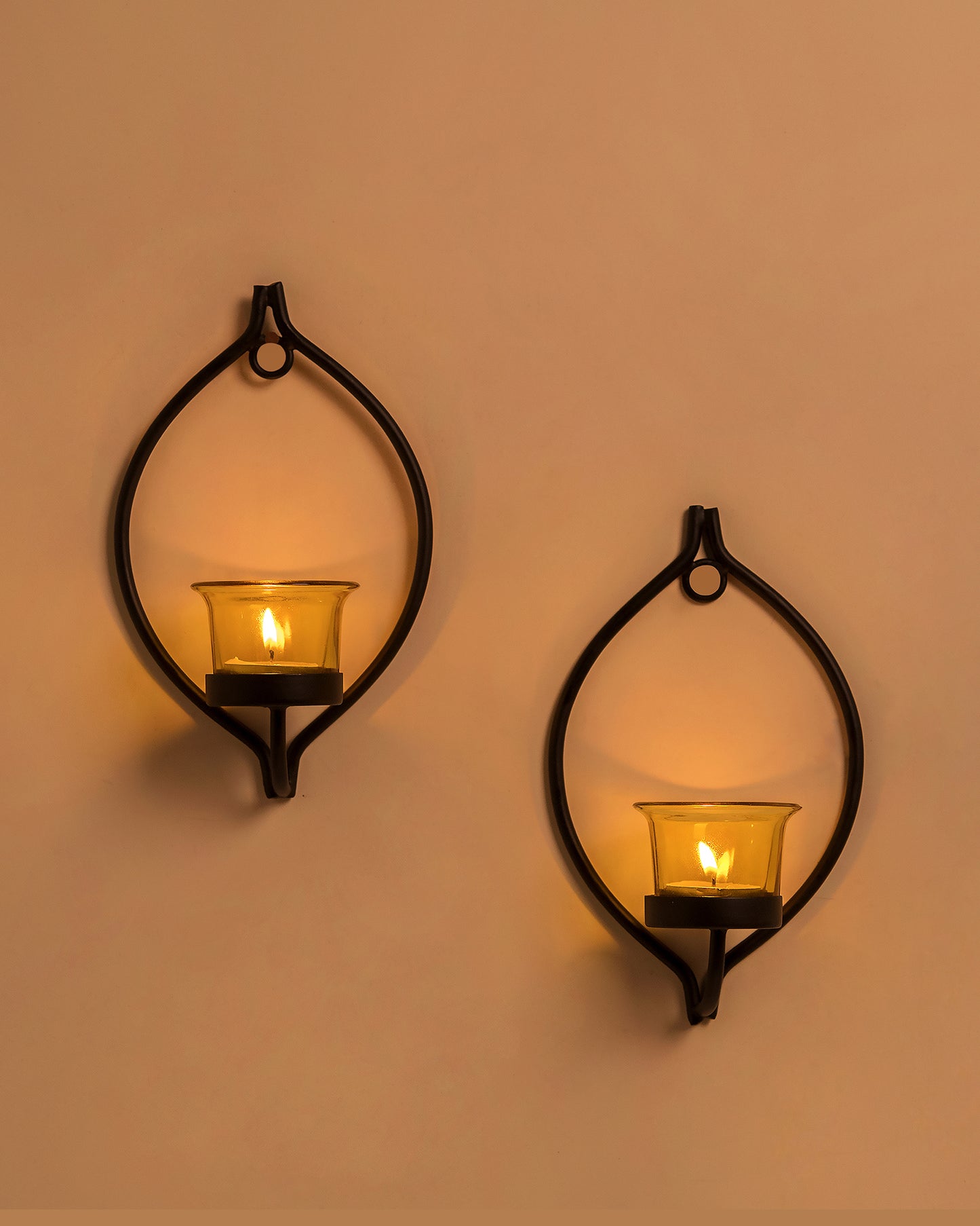 Set of 2 Decorative Black Drop Wall Sconce/Candle Holder With Glass and Free T-light Candles