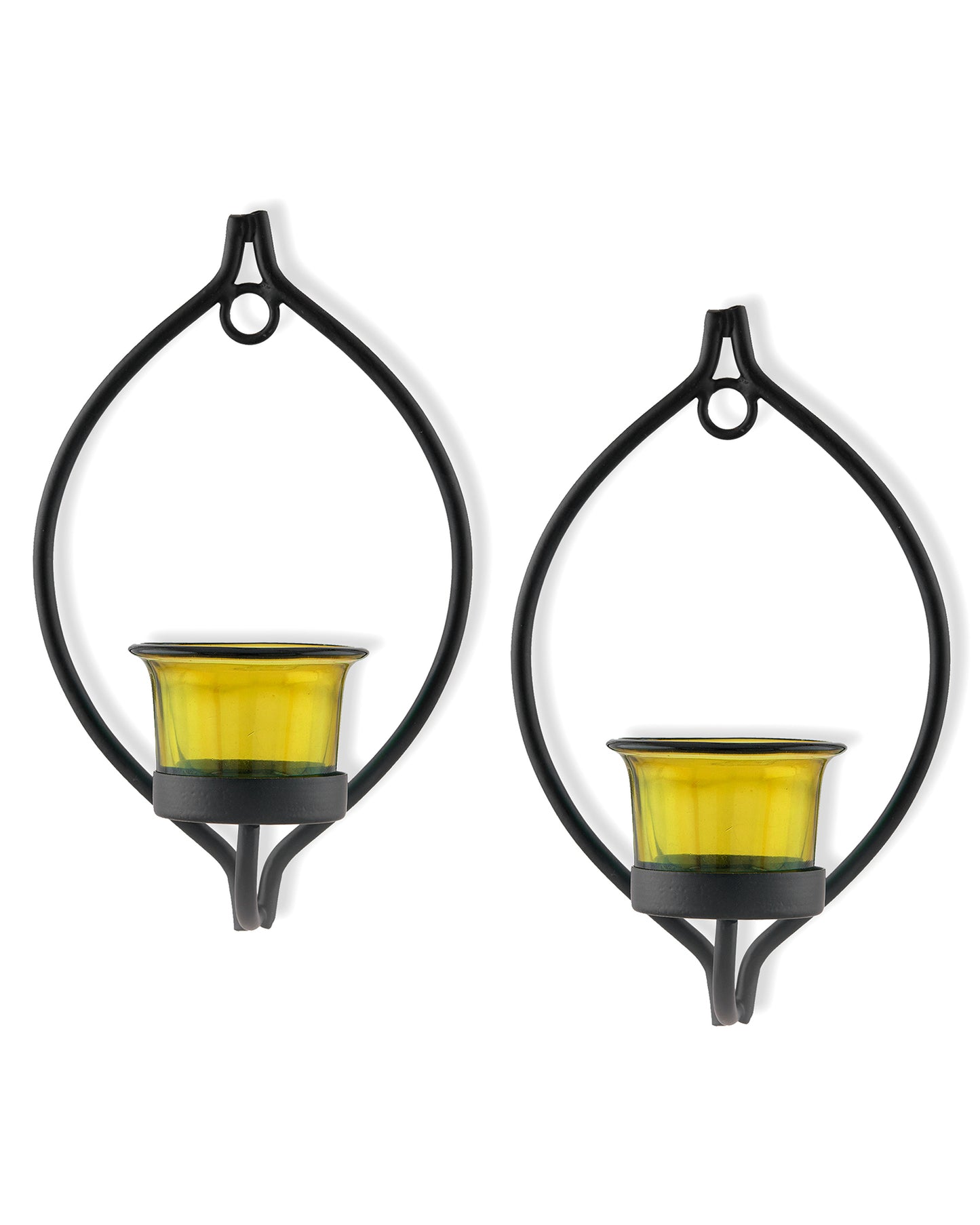 Set of 2 Decorative Black Drop Wall Sconce/Candle Holder With Glass and Free T-light Candles