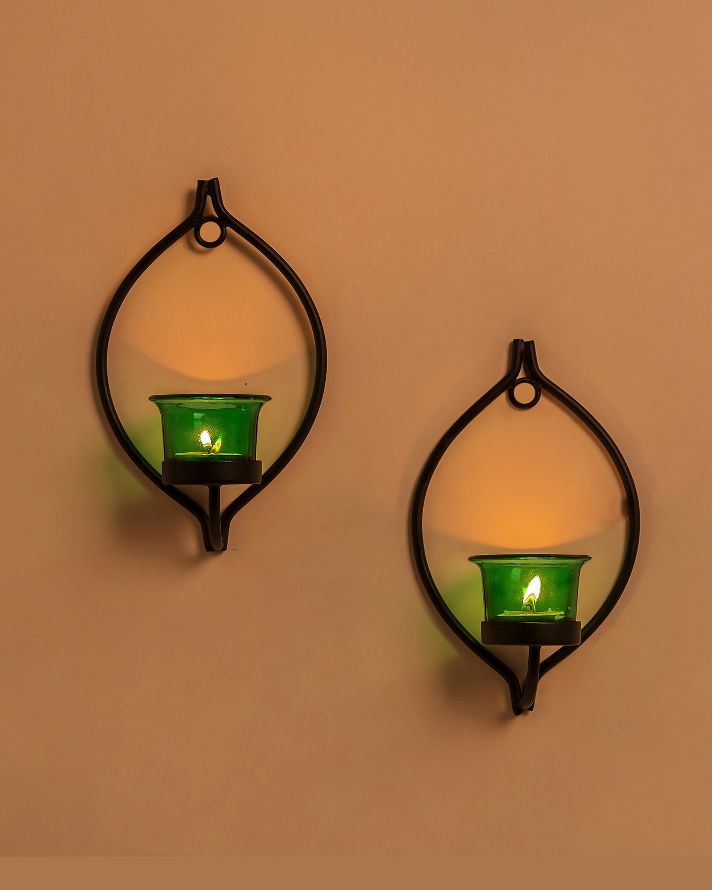 Set of 2 Decorative Black Drop Wall Sconce/Candle Holder With Glass and Free T-light Candles