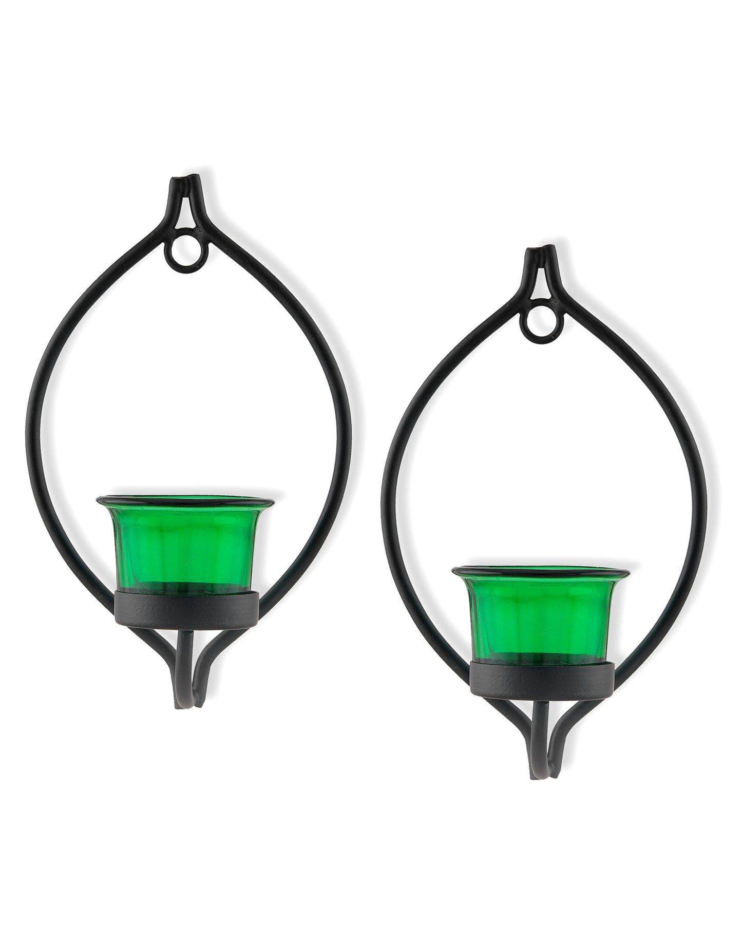 Set of 2 Decorative Black Drop Wall Sconce/Candle Holder With Glass and Free T-light Candles