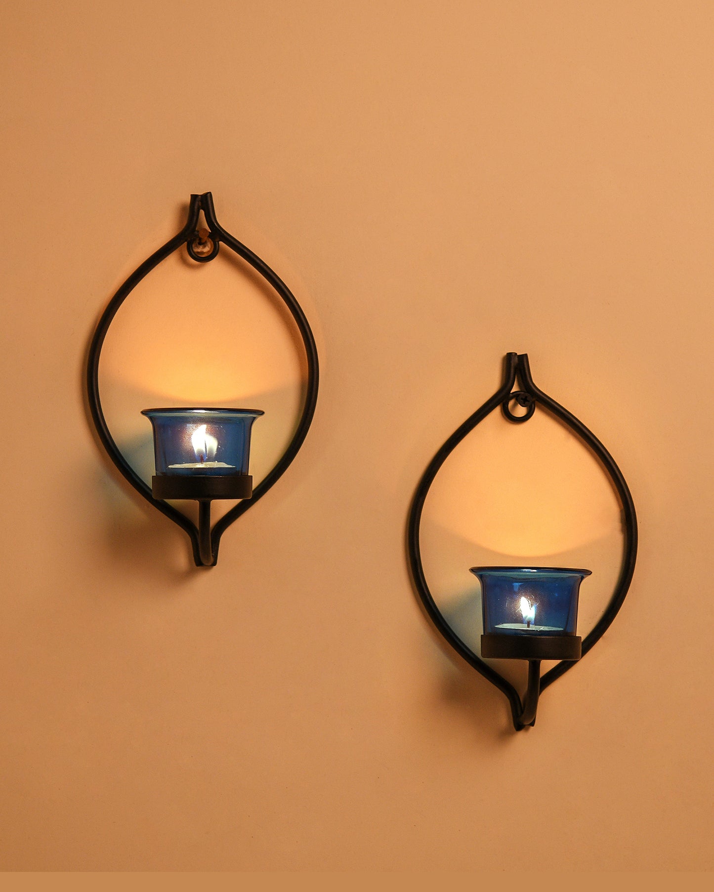Set of 2 Decorative Black Drop Wall Sconce/Candle Holder With Glass and Free T-light Candles