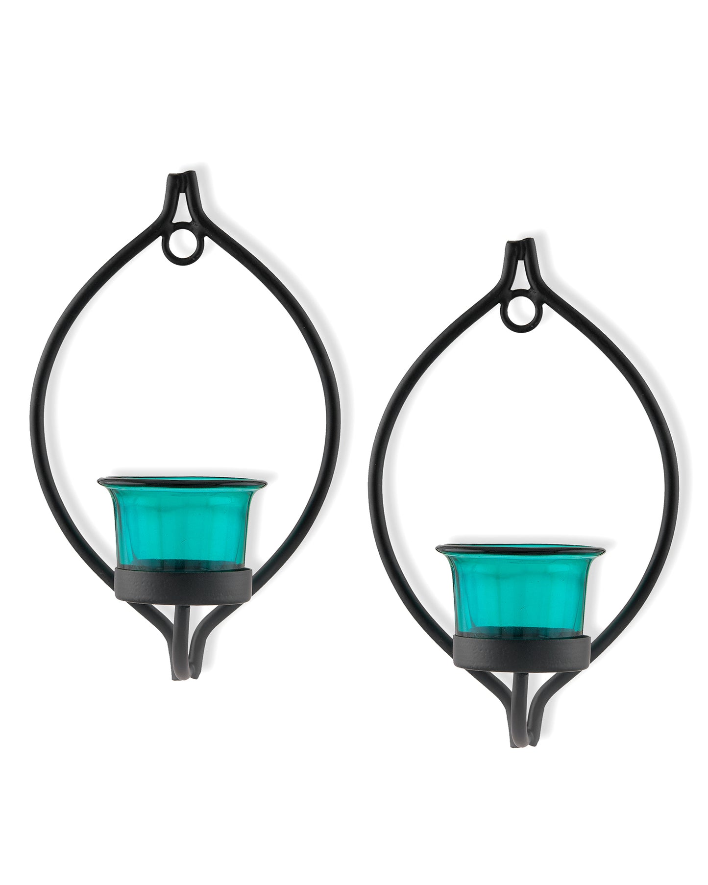 Set of 2 Decorative Black Drop Wall Sconce/Candle Holder With Glass and Free T-light Candles