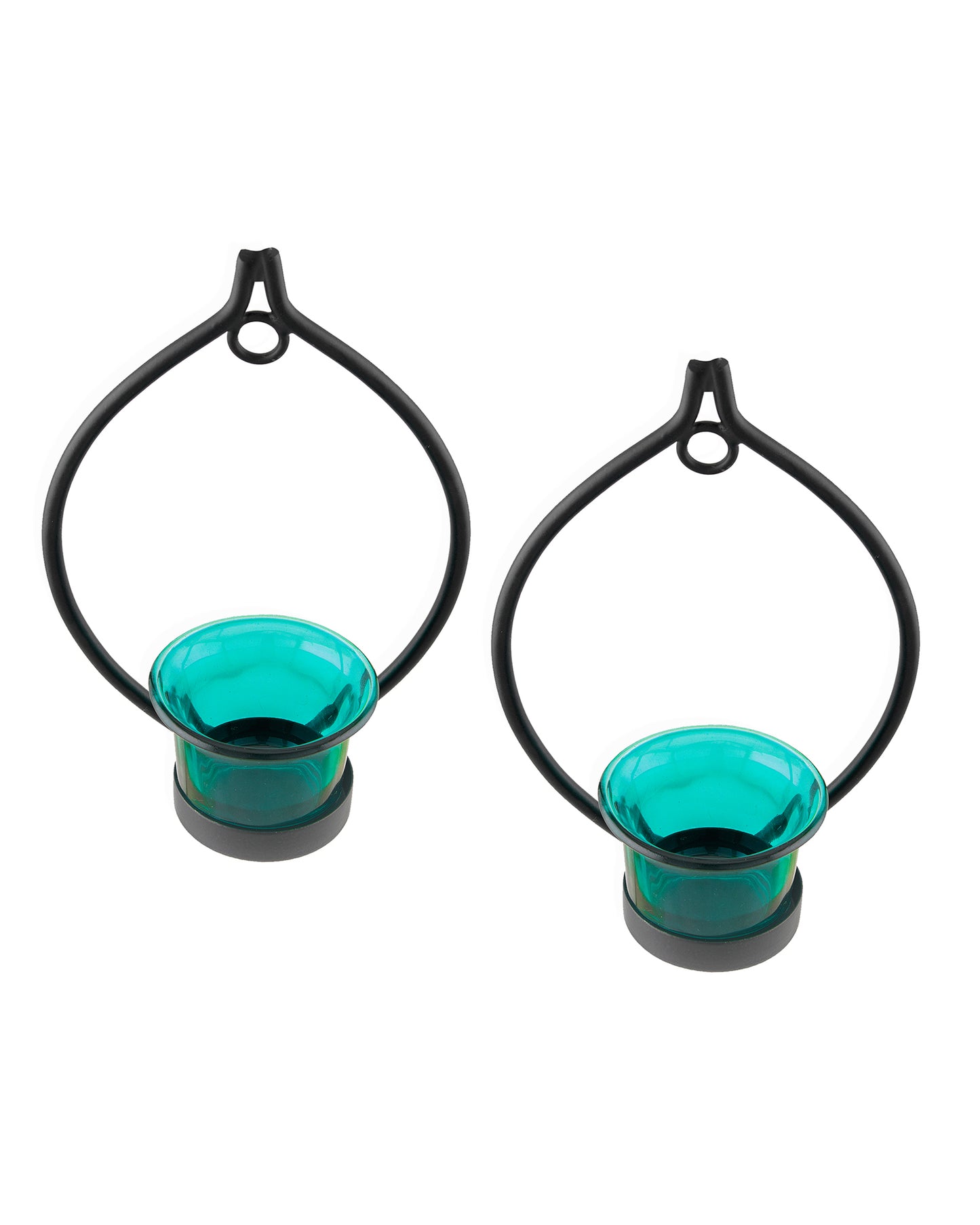 Set of 2 Decorative Black Drop Wall Sconce/Candle Holder With Glass and Free T-light Candles