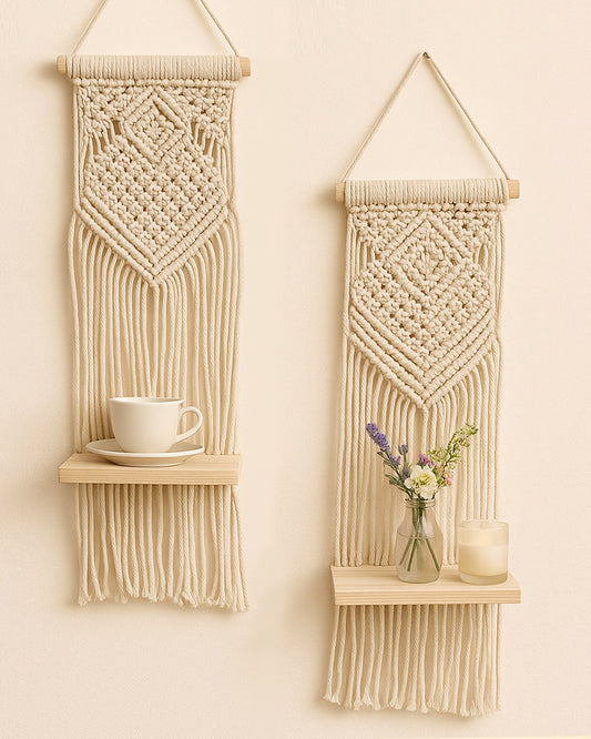 Macrame Wall Hanging Shelf Woven Home Decor Wood Floating Storage Shelf Bohemian Handmade Cotton Rope,Living Room, Balcony, Garden, Set of 2 (69 x 20 Natural)