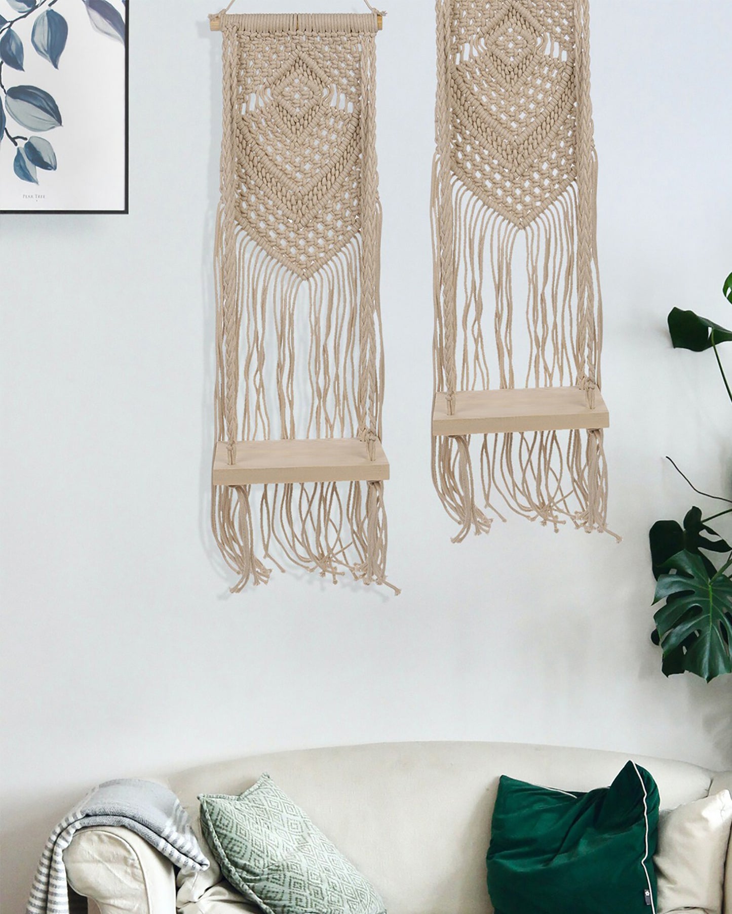 Macrame Wall Hanging Shelf Woven Home Decor Wood Floating Storage Shelf Bohemian Handmade Cotton Rope,Living Room, Balcony, Garden, Set of 2 (69 x 20 Natural)