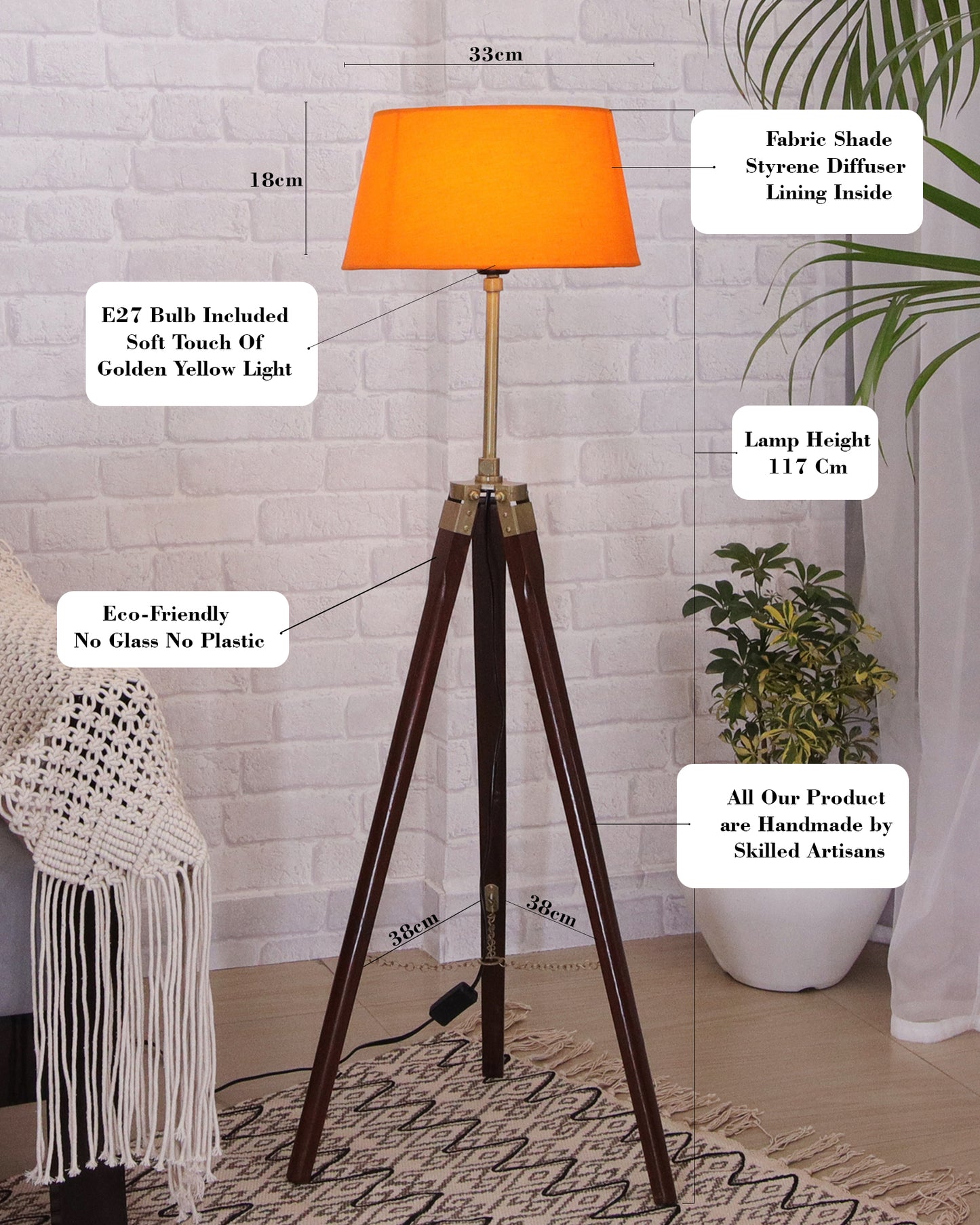 Tripod Floor Lamp with Shade Wooden, Brass Finish Industrial Nautical Marine Decorative Lamp