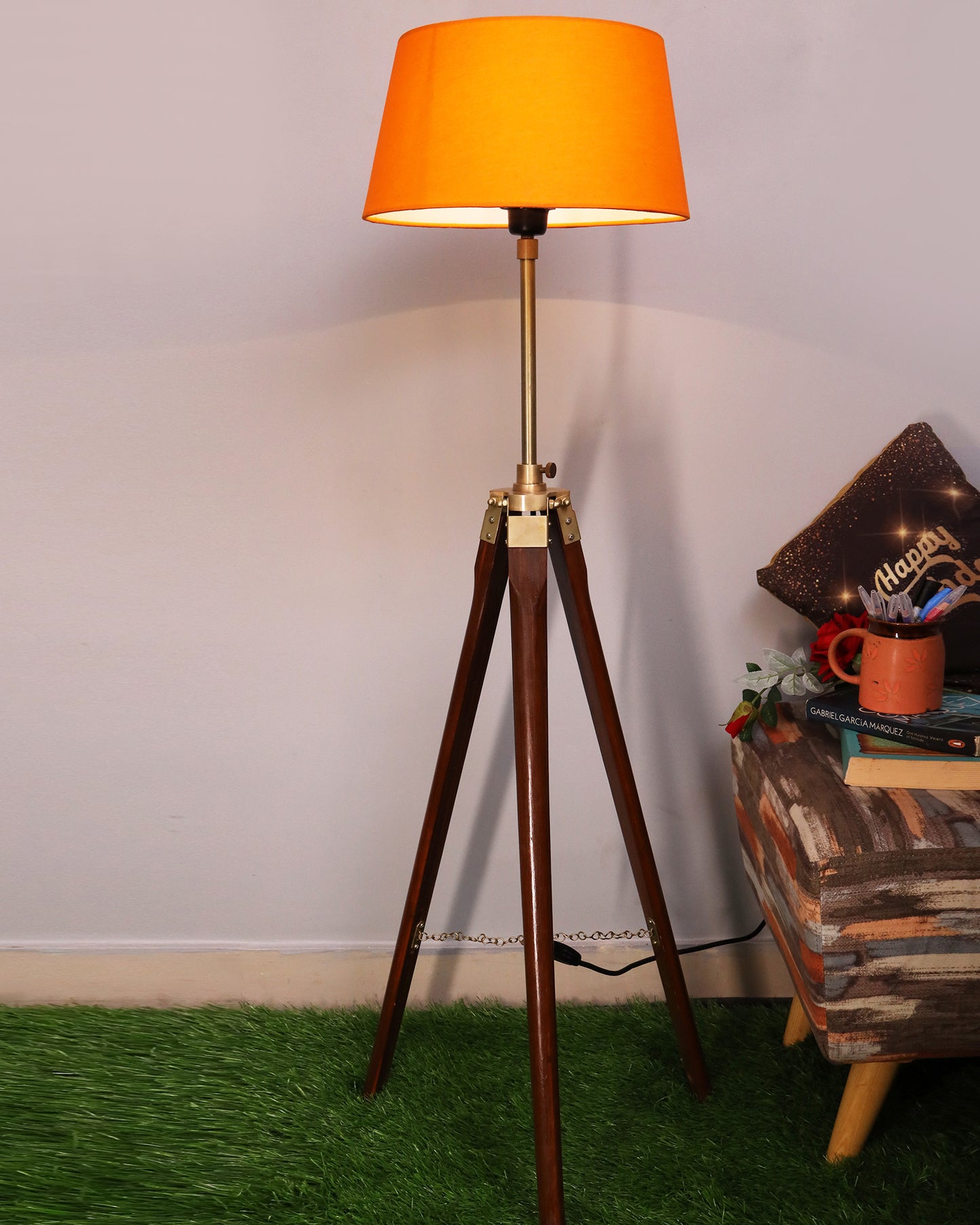 Tripod Floor Lamp with Shade Wooden, Brass Finish Industrial Nautical Marine Decorative Lamp