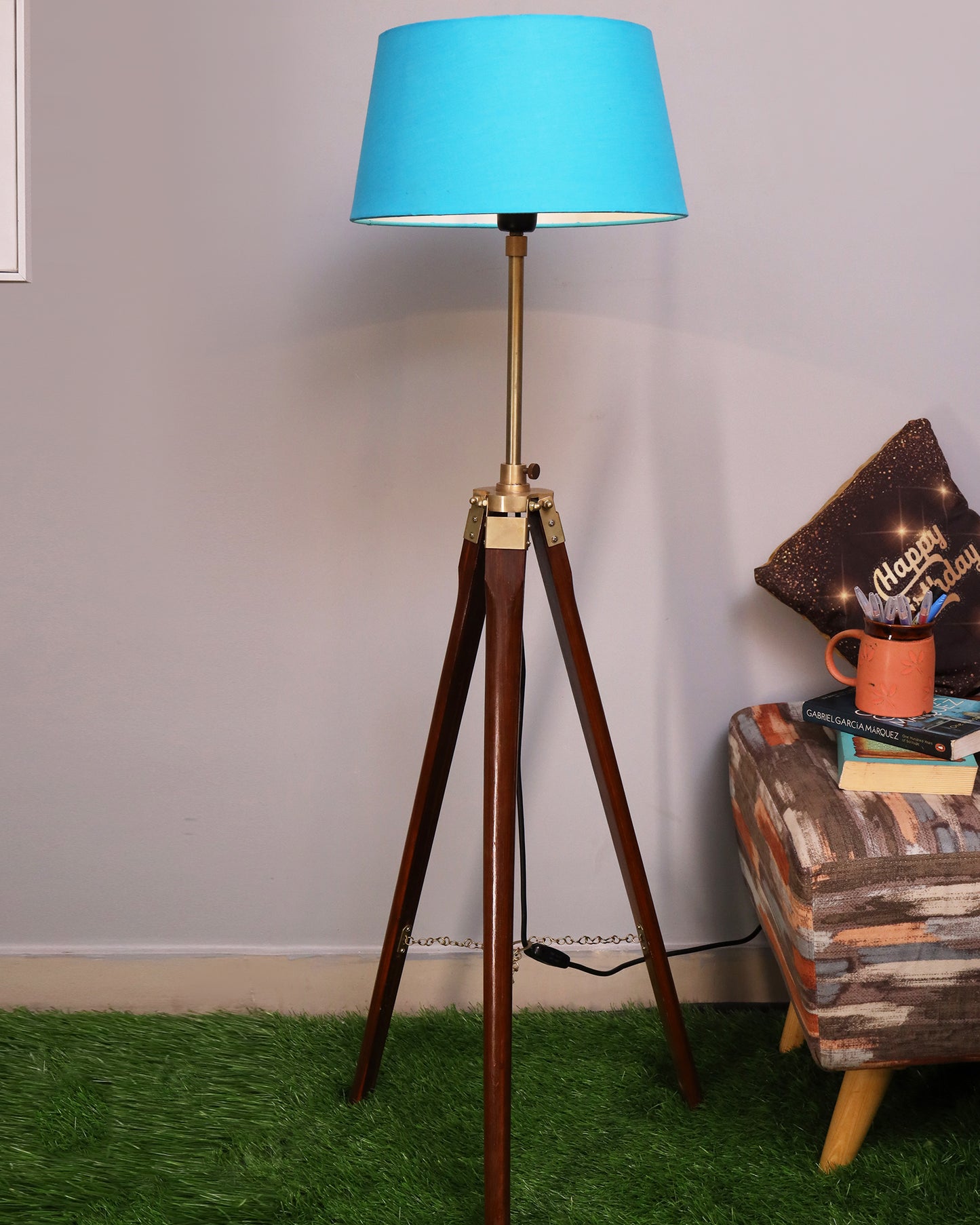 Tripod Floor Lamp with Shade Wooden, Brass Finish Industrial Nautical Marine Decorative Lamp