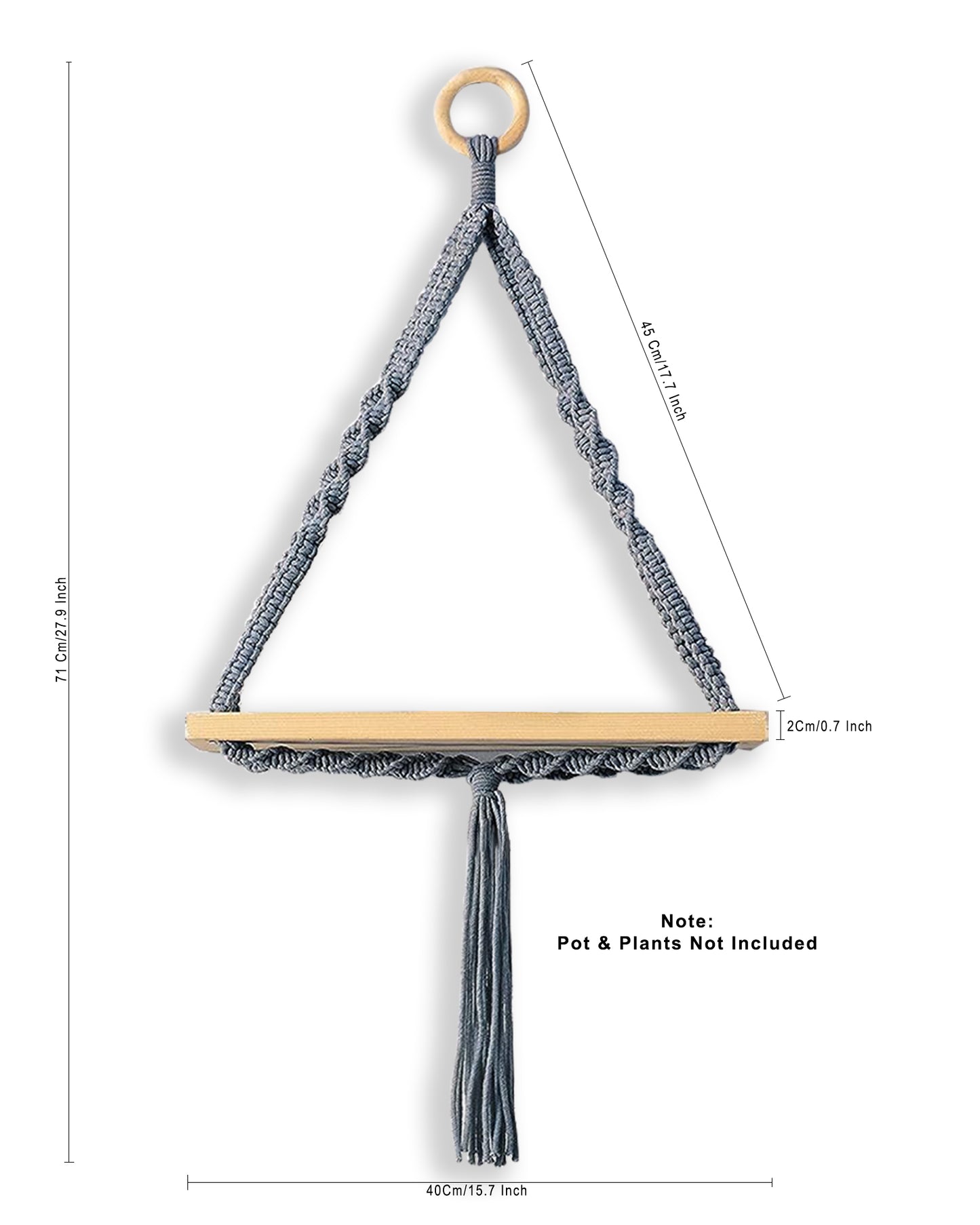 Triangle Rope Hanging Shelves Set of 2, Wood Floating Shelf for Wall Décor Bedroom Bathroom Living Room, Display Shelving for Hanging Plants Photos Grey