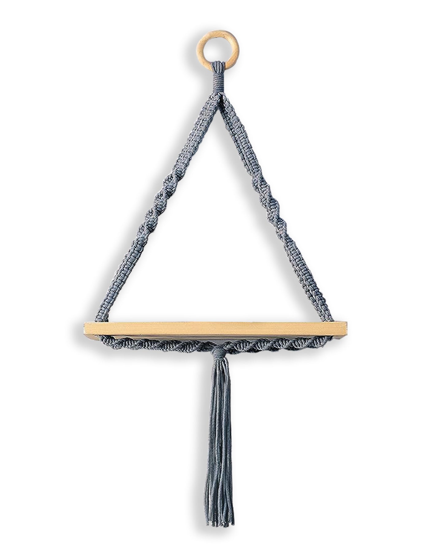 Triangle Rope Hanging Shelves Set of 2, Wood Floating Shelf for Wall Décor Bedroom Bathroom Living Room, Display Shelving for Hanging Plants Photos Grey
