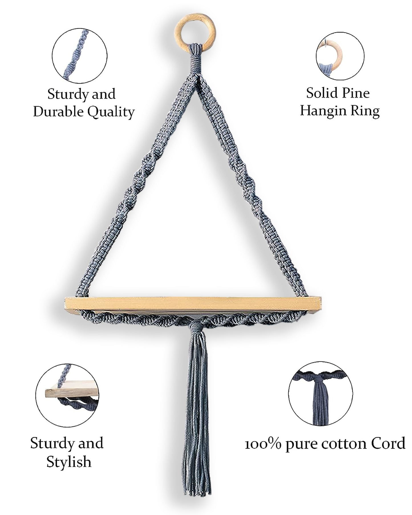 Triangle Rope Hanging Shelves Set of 2, Wood Floating Shelf for Wall Décor Bedroom Bathroom Living Room, Display Shelving for Hanging Plants Photos Grey