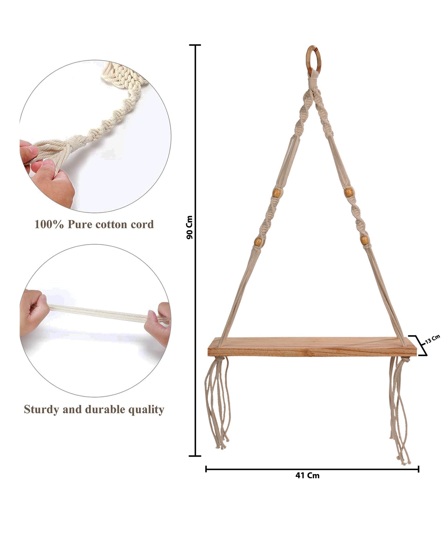 Homesake® Set Of 2 Beige Handmade Macrame Hanging 1-Tier Shelf Wall Decor, Home decor, bedroom ,living room, kitchen