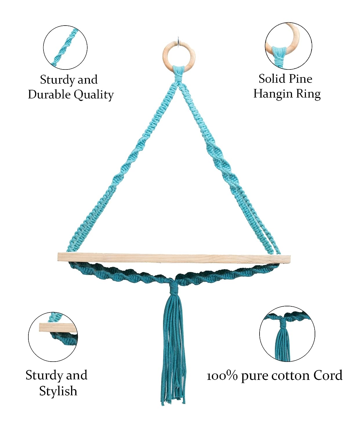 Triangle Macrame Wall Hanging Shelf Cotton Rope Natural Pine Wood Swing Triangle Floating Shelf Modern Boho Decor for Living Room 71 L x 40 W