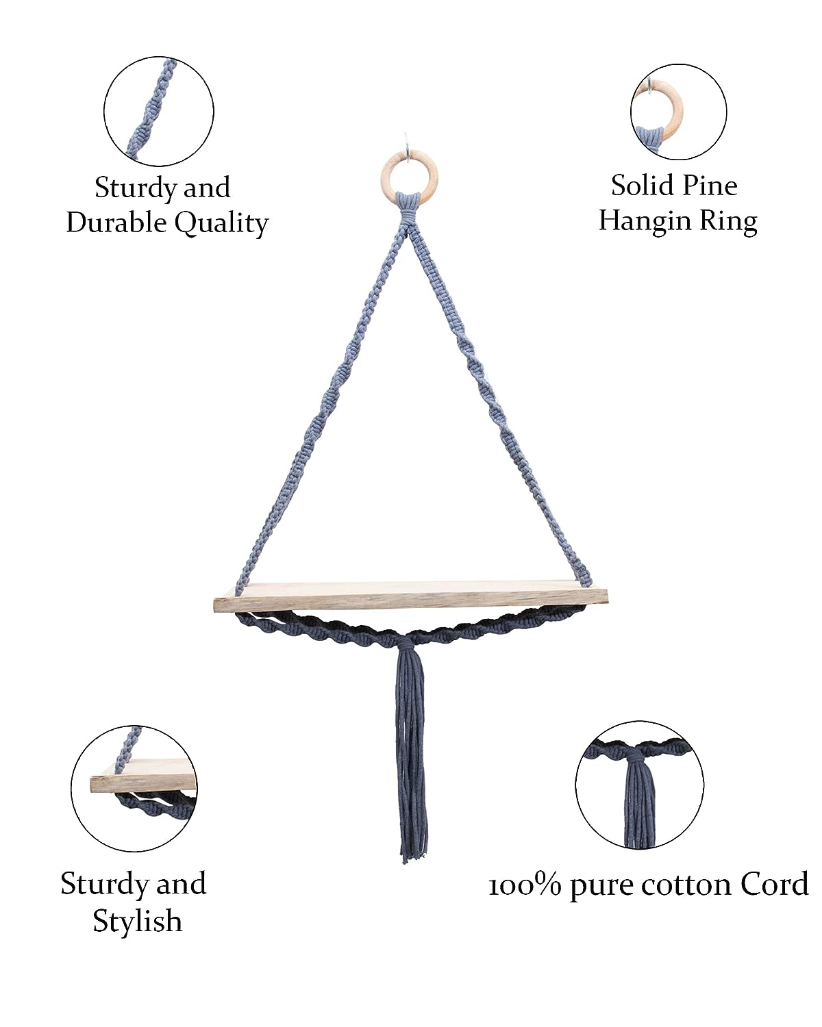 Triangle Macrame Wall Hanging Shelf Cotton Rope Natural Pine Wood Swing Triangle Floating Shelf Modern Boho Decor for Living Room 71 L x 40 W
