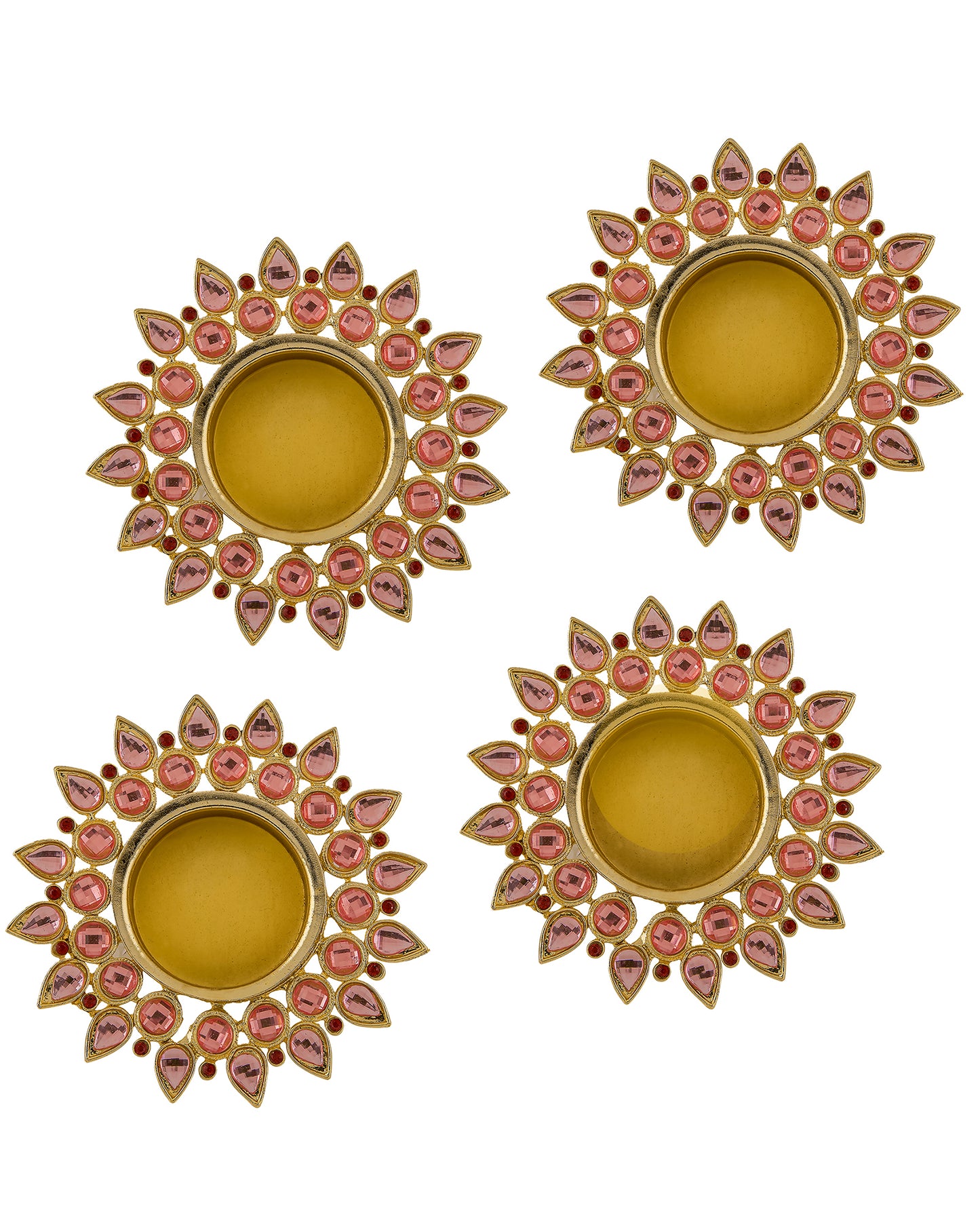 Crystal Diya with T-Light- Set of Four silver plates, candle holder stand with free candle