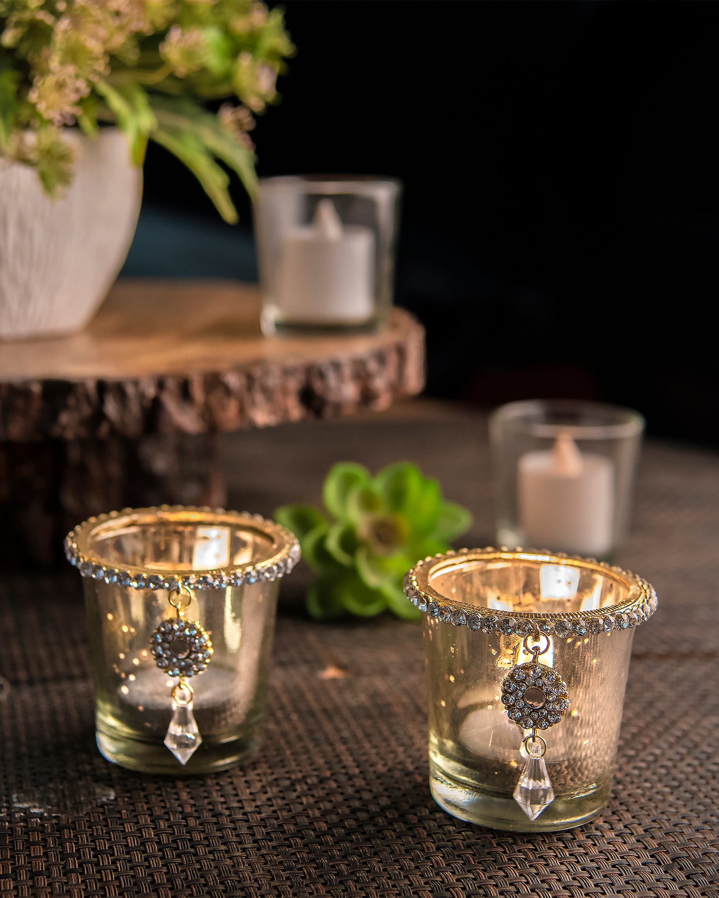 Silver Glass Votive with Jewel Ring and Dangler Silver