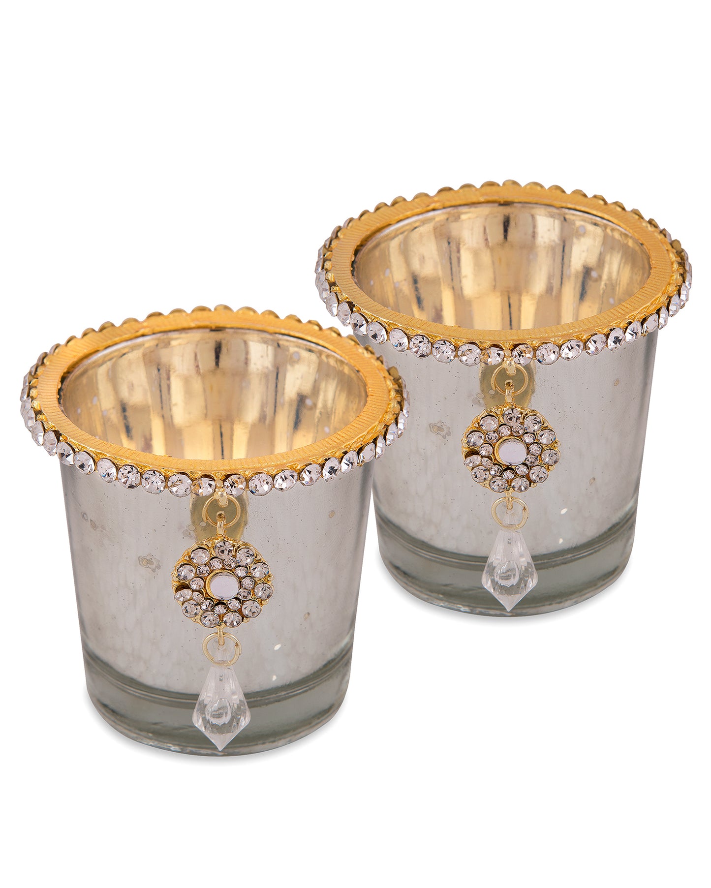 Silver Glass Votive with Jewel Ring and Dangler Silver