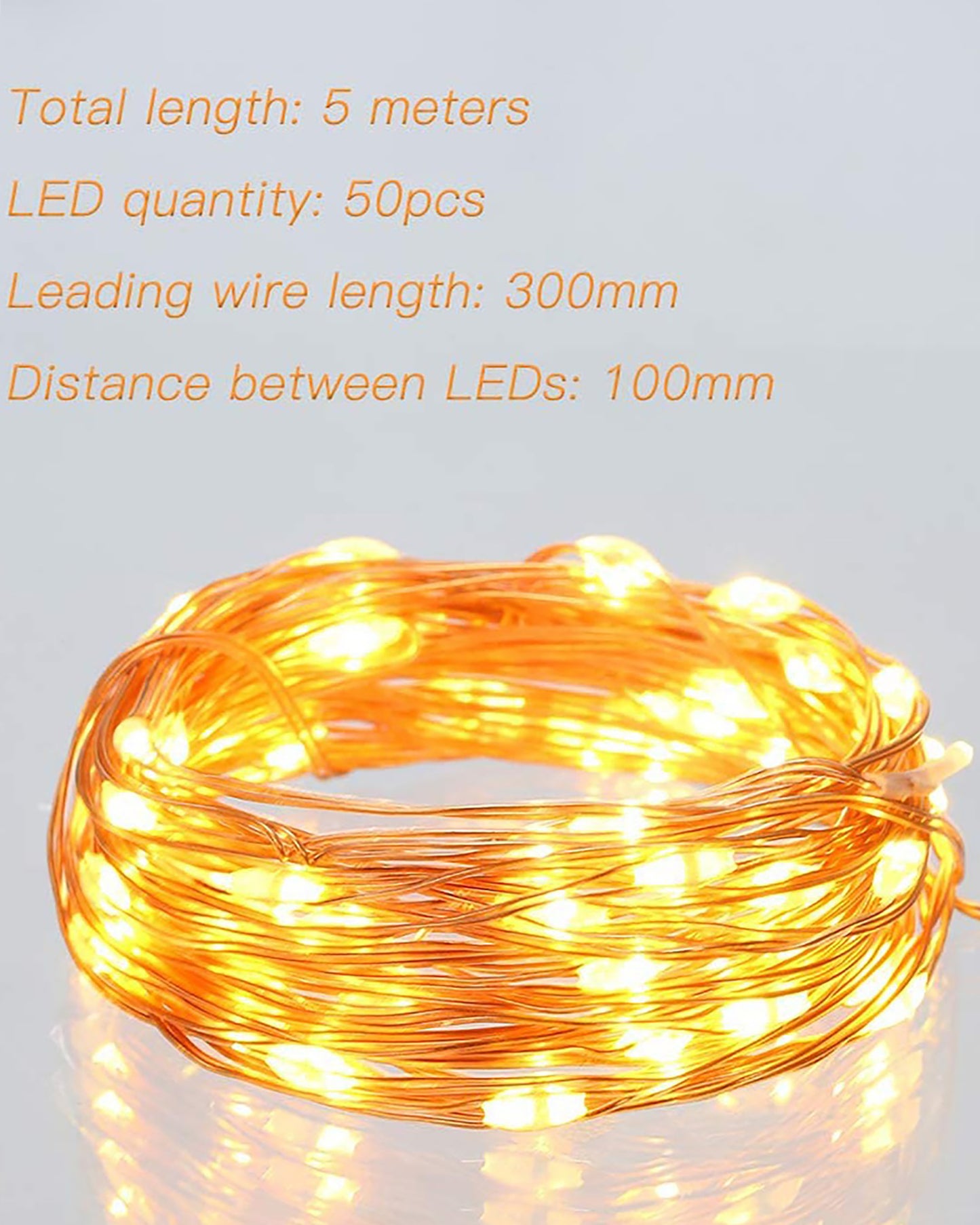 50-LED Fairy Copper String Lights 5m Waterproof, 3AA Battery, Warm White, Set of 8