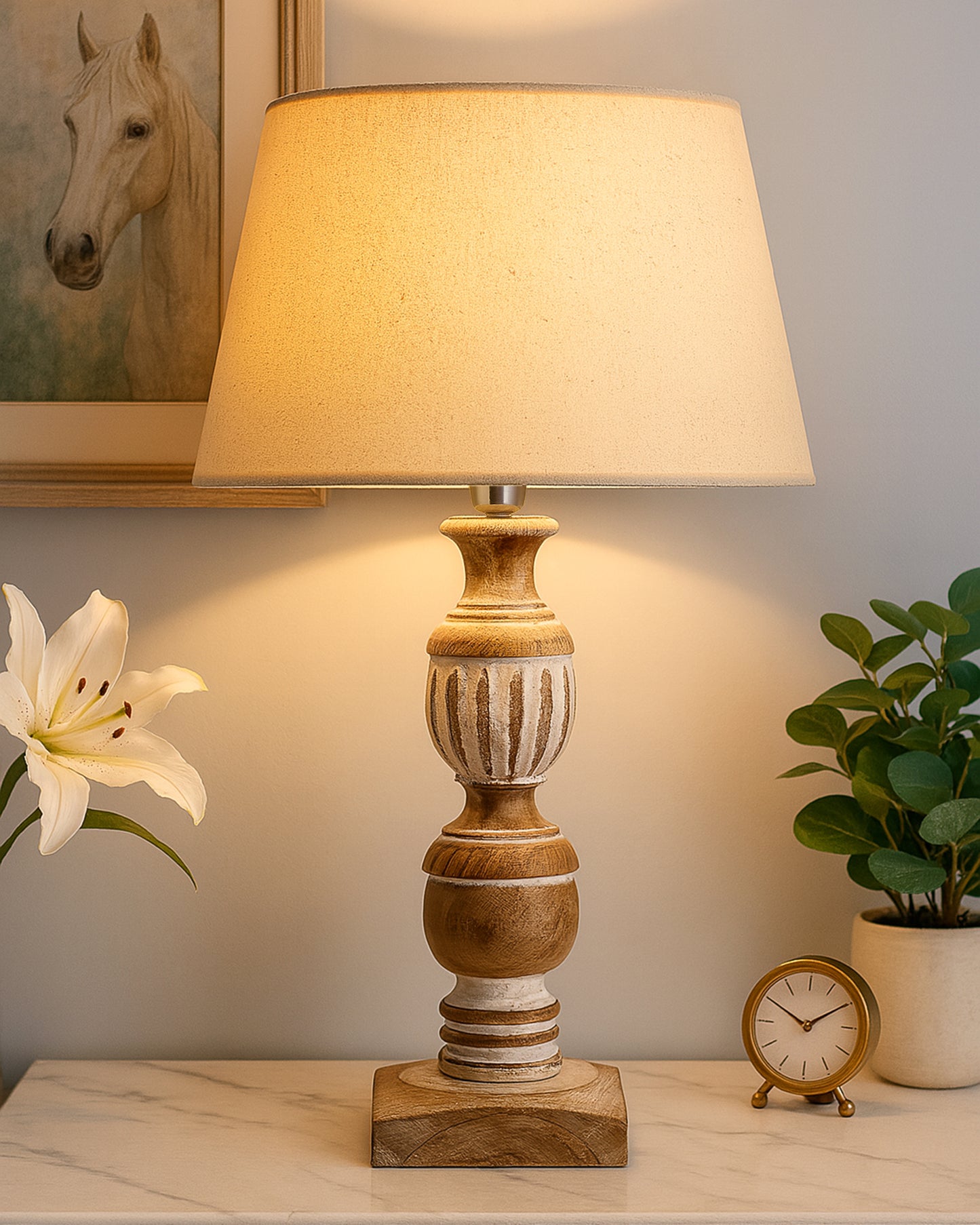 Antique White French Trophy Carved Table lamp with Empire Drum Shade