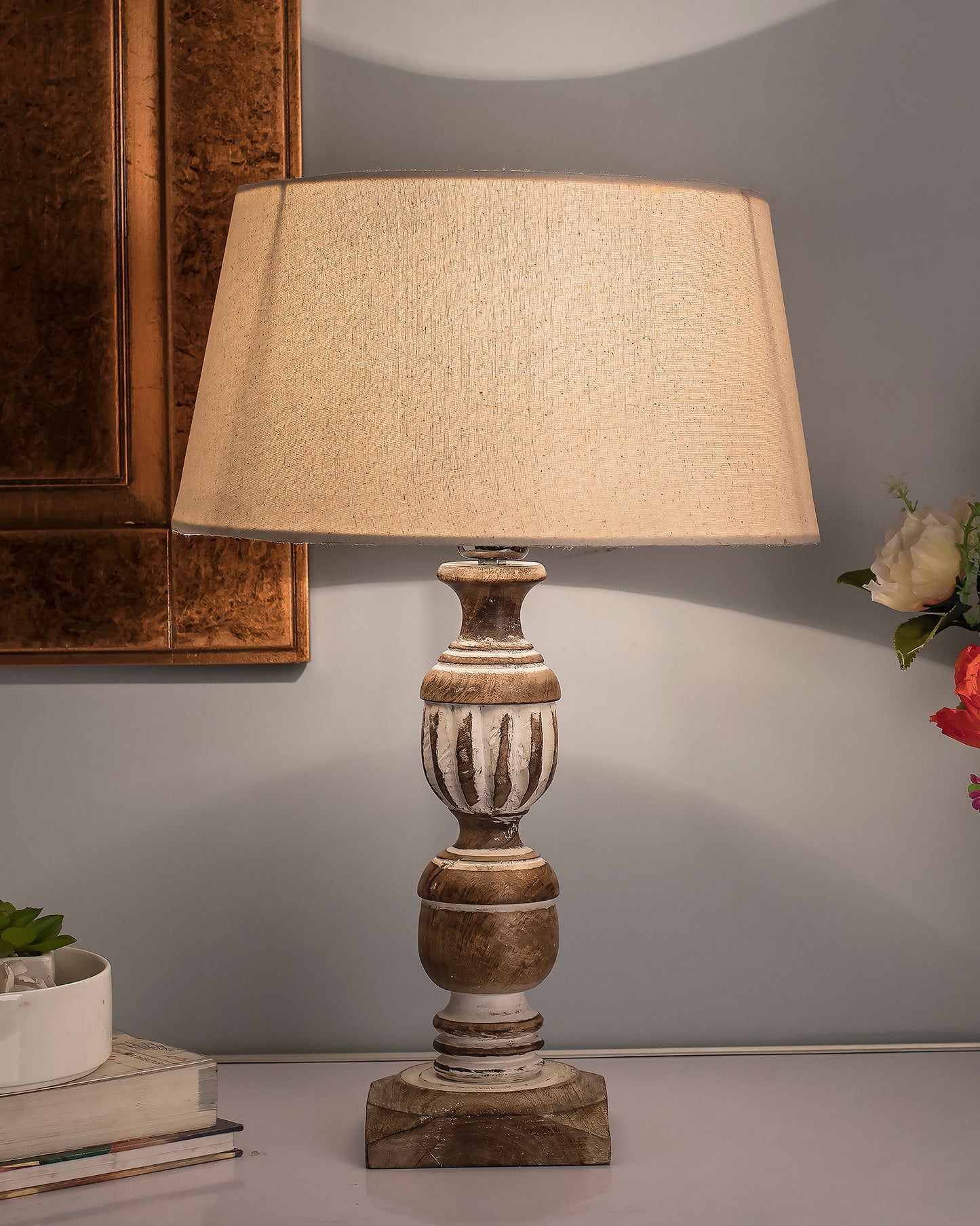 Antique White French Trophy Carved Table lamp with Empire Drum Shade