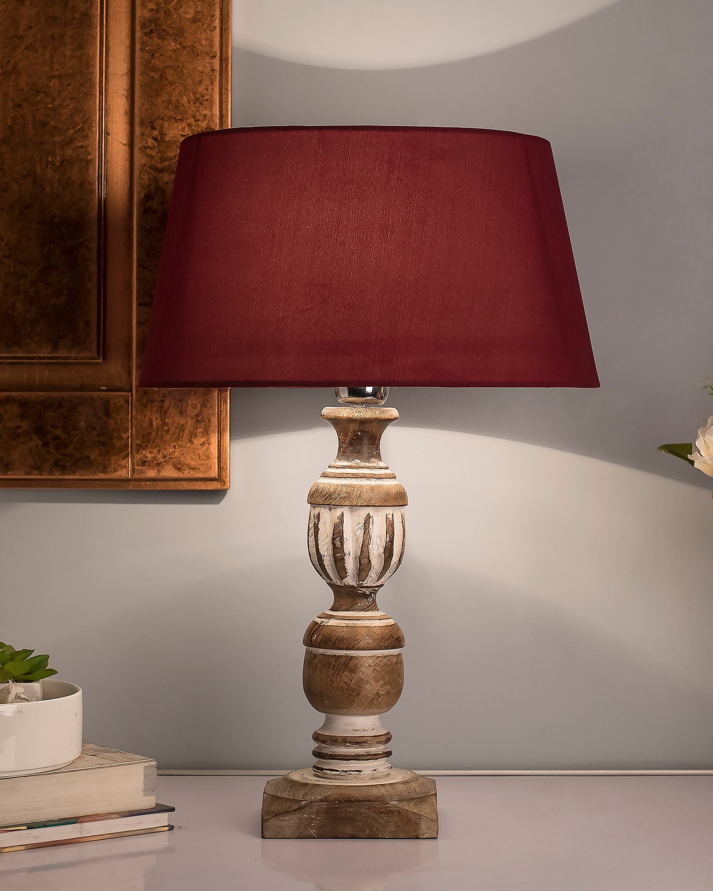Antique White French Trophy Carved Table lamp with Empire Drum Shade
